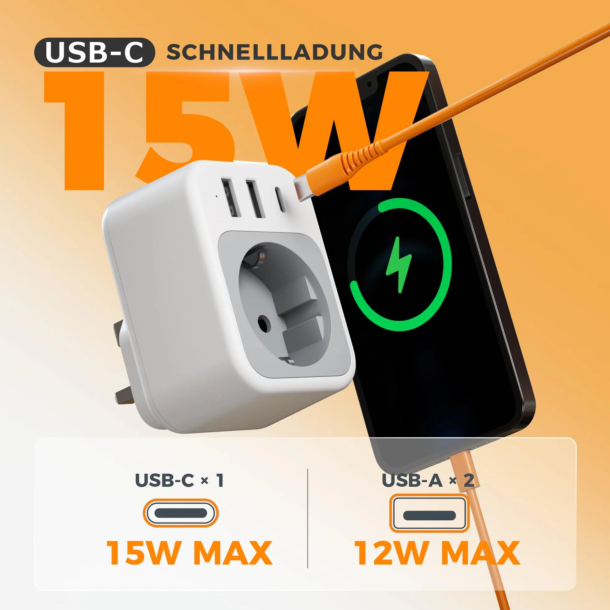 TESSAN Adapter Anglia Niemcy Wtyczka, 4 w 1 Adapter UK z USB C i 2 USB A, Przenośny adapter gniazdowy Anglia, Adapter podróżny UK 3250 W, Adapter podróżny typu G dla Wielkiej Brytanii, Irlandii