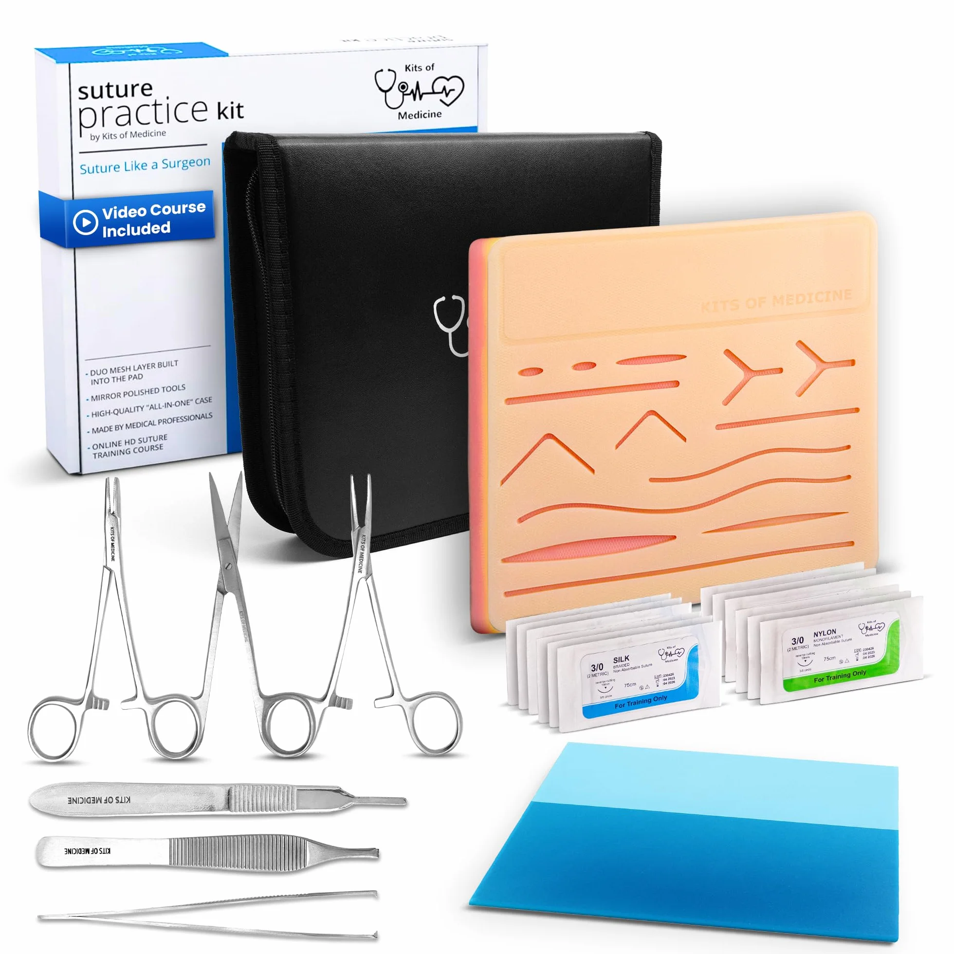 Zestaw szwów | Kits of Medicine | Dołączone przewodniki HD | Kompletny zestaw do ćwiczeń szwów dla studentów medycyny, weterynarzy, pielęgniarek | Wytrzymała silikonowa podkładka na szwy do skóry | Świetny prezent