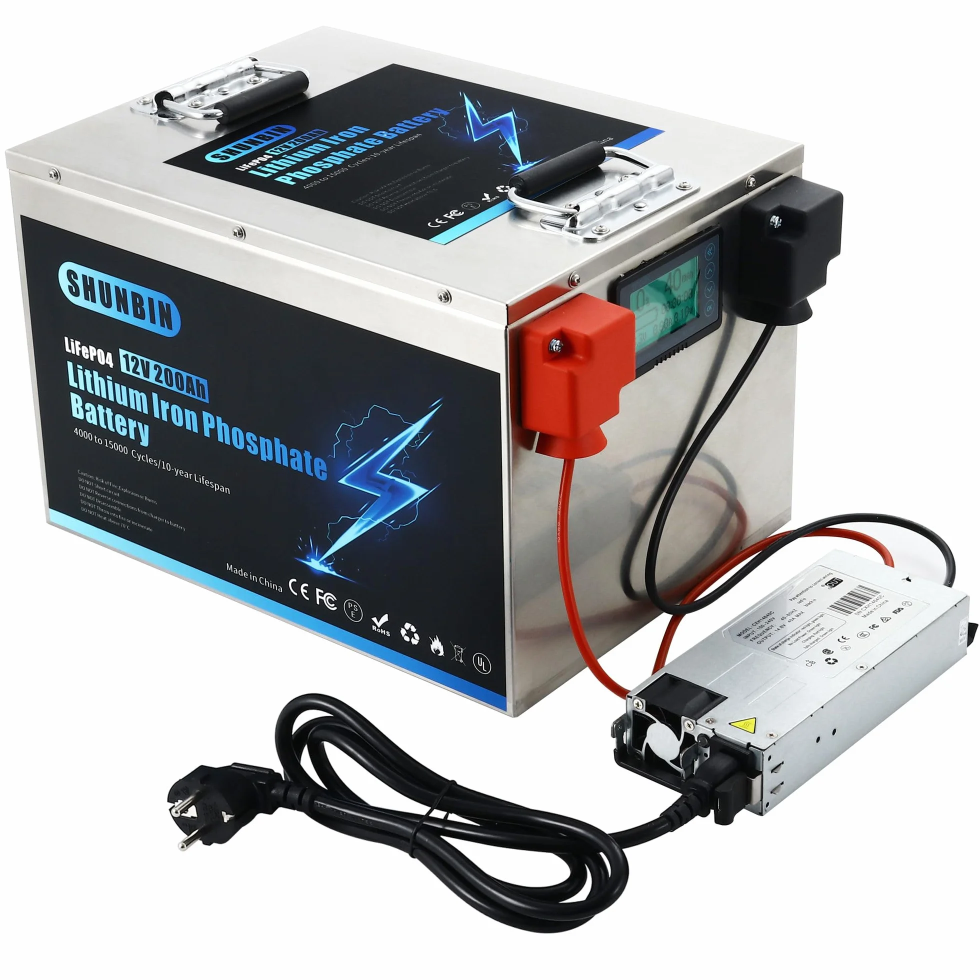 Lifepo4 bateria litowa 12V 200Ah 2560Wh Powłoka ze stali nierdzewnej z ładowarką Coulomb metr Maksymalne cykle głębokie 20000 Bateria fosforanu litowego słoneczny/kamper/łódź/wózki golfowe