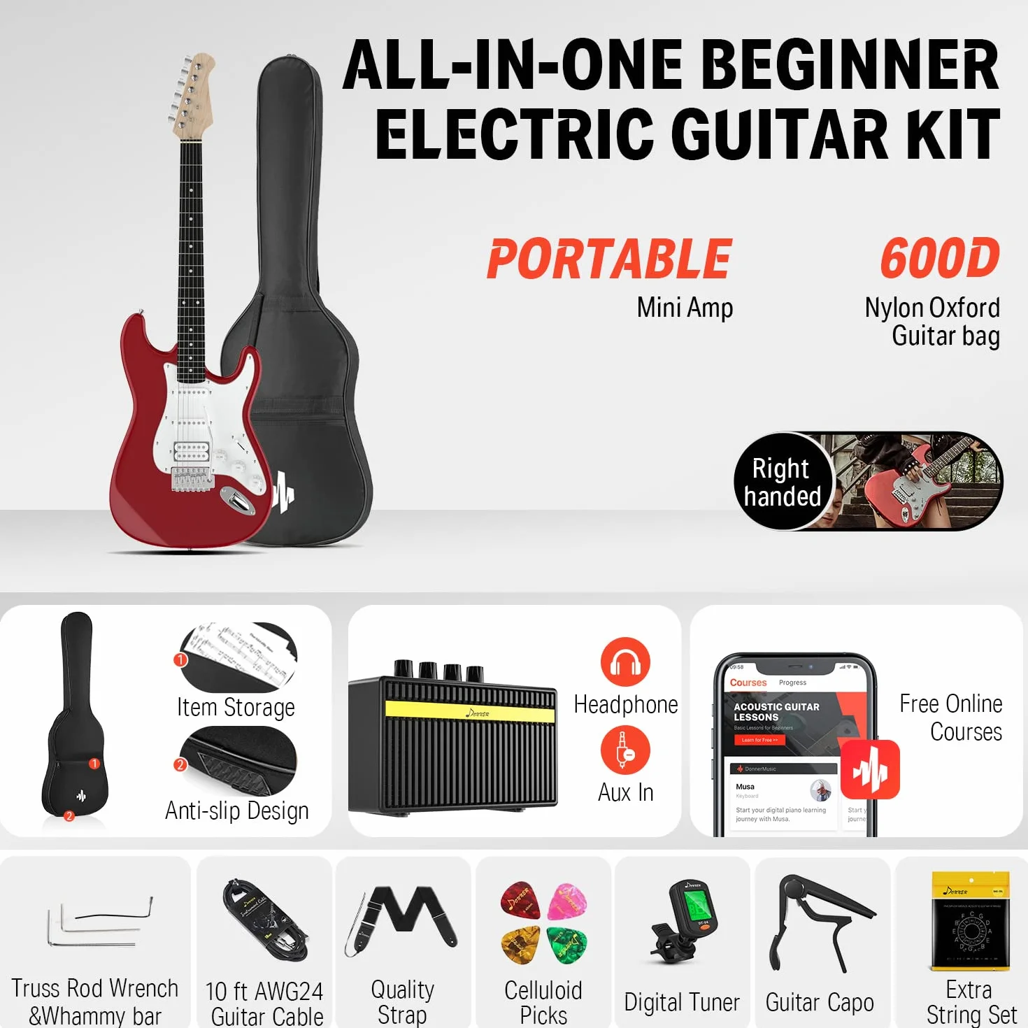 Donner Gitara elektryczna zestaw 39 cali ze wzmacniaczem, torbą, kapo, paskiem, strunami, tunerem, kablem i kostkami (czerwony)