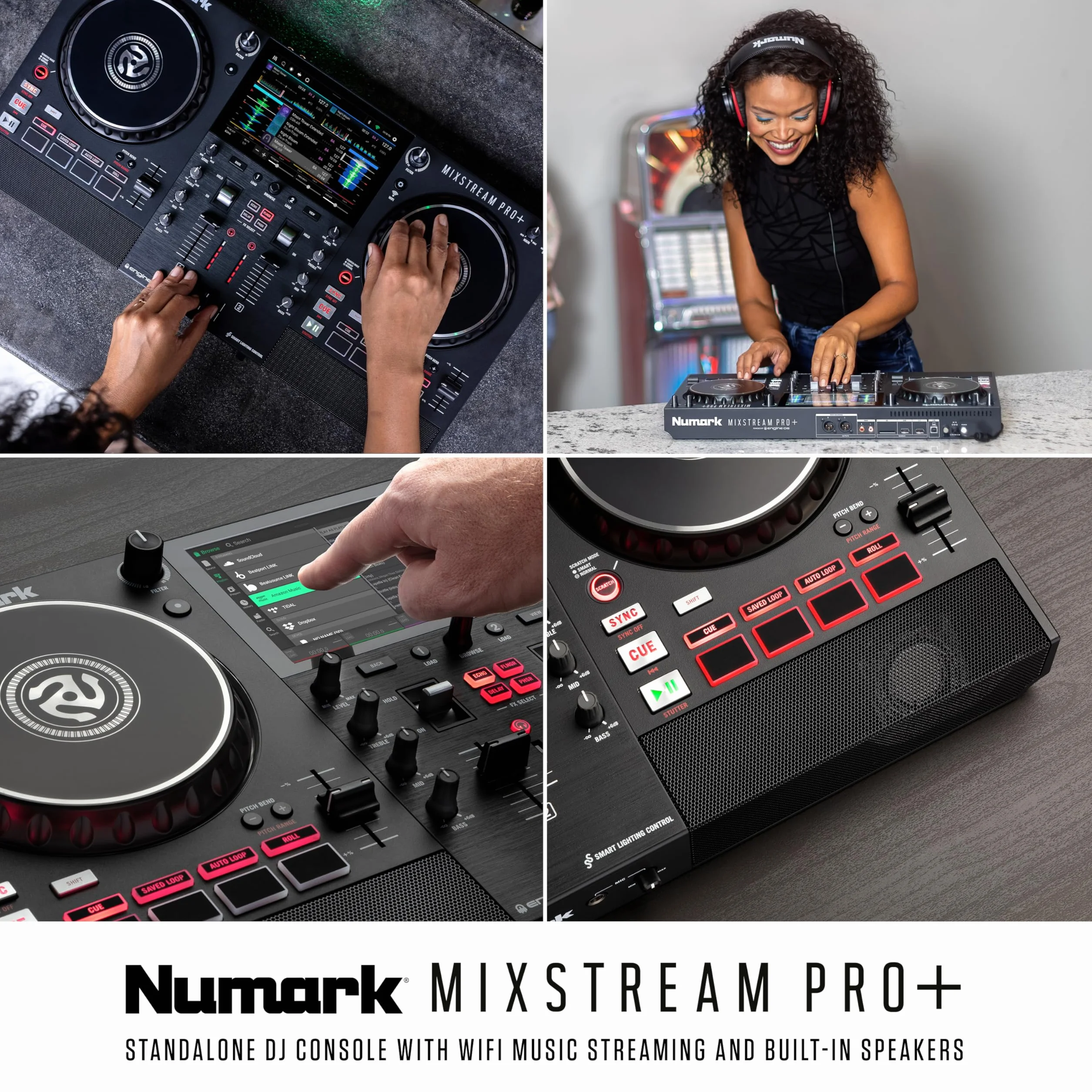 Numark Mixstream Pro+ Kontroler DJ z separacją stemów, 2 deckami, Wi-Fi, mikserem, ekranem 7″ i głośnikami, kompatybilny z Serato i Virtual DJ