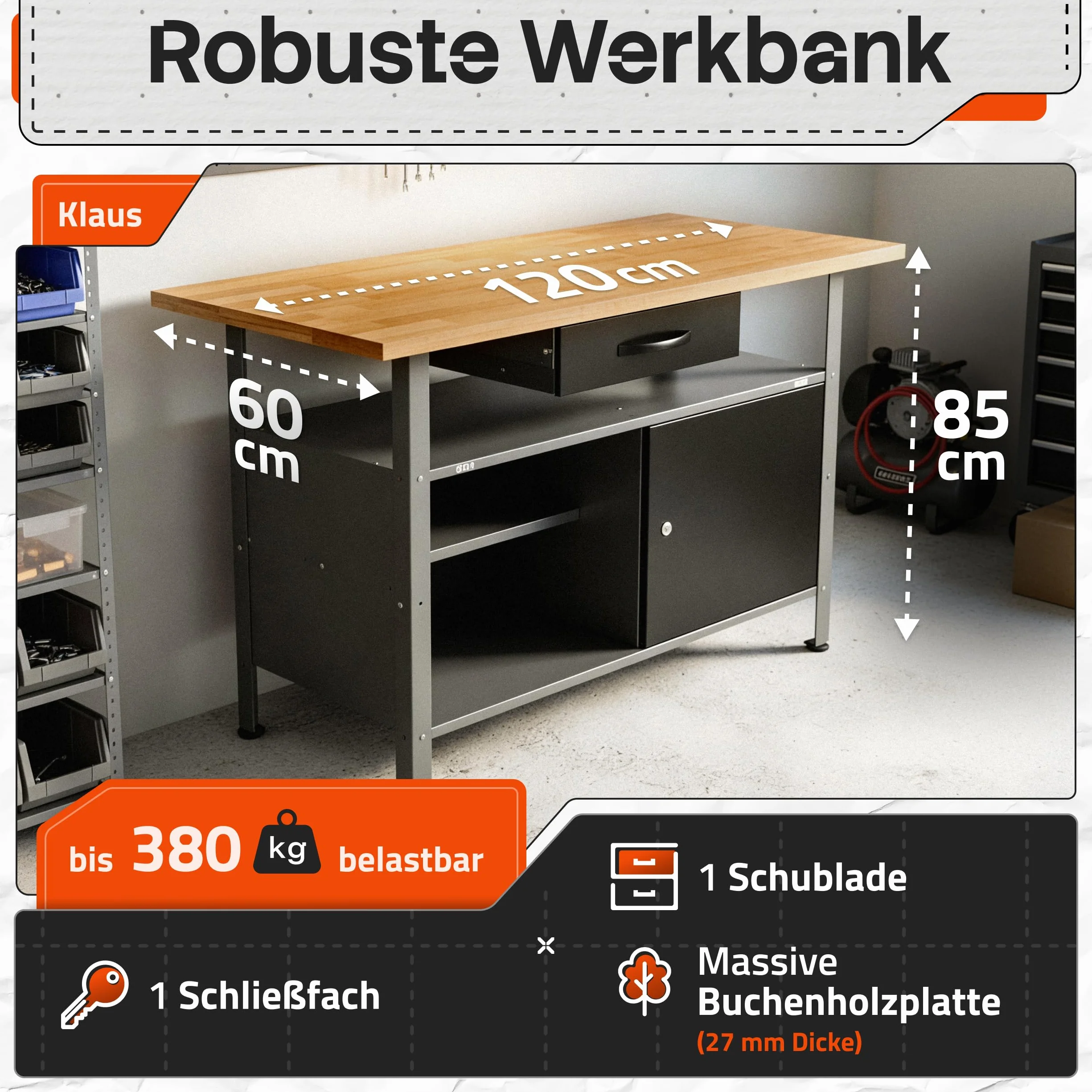 Ondis24 Stół warsztatowy Klaus 120 cm, metalowe drzwi zamykane, nogi z regulacją wysokości, wysokość robocza 85 cm, czarny blat bukowy