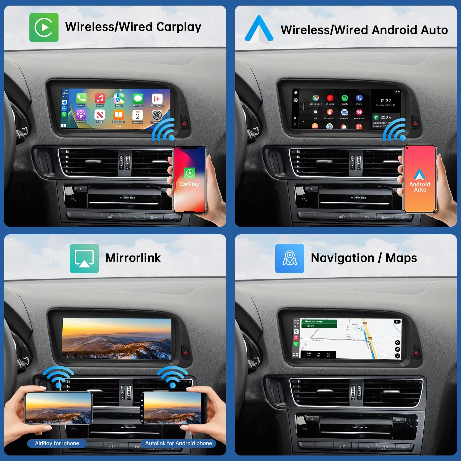 Road Top 8,9 cala Bezprzewodowy ekran dotykowy radia samochodowego CarPlay dla Audi Q5 2009-2017 rok z 3GMMI, multimedialny ekran stereo radia samochodowego, obsługa bezprzewodowego Android Auto