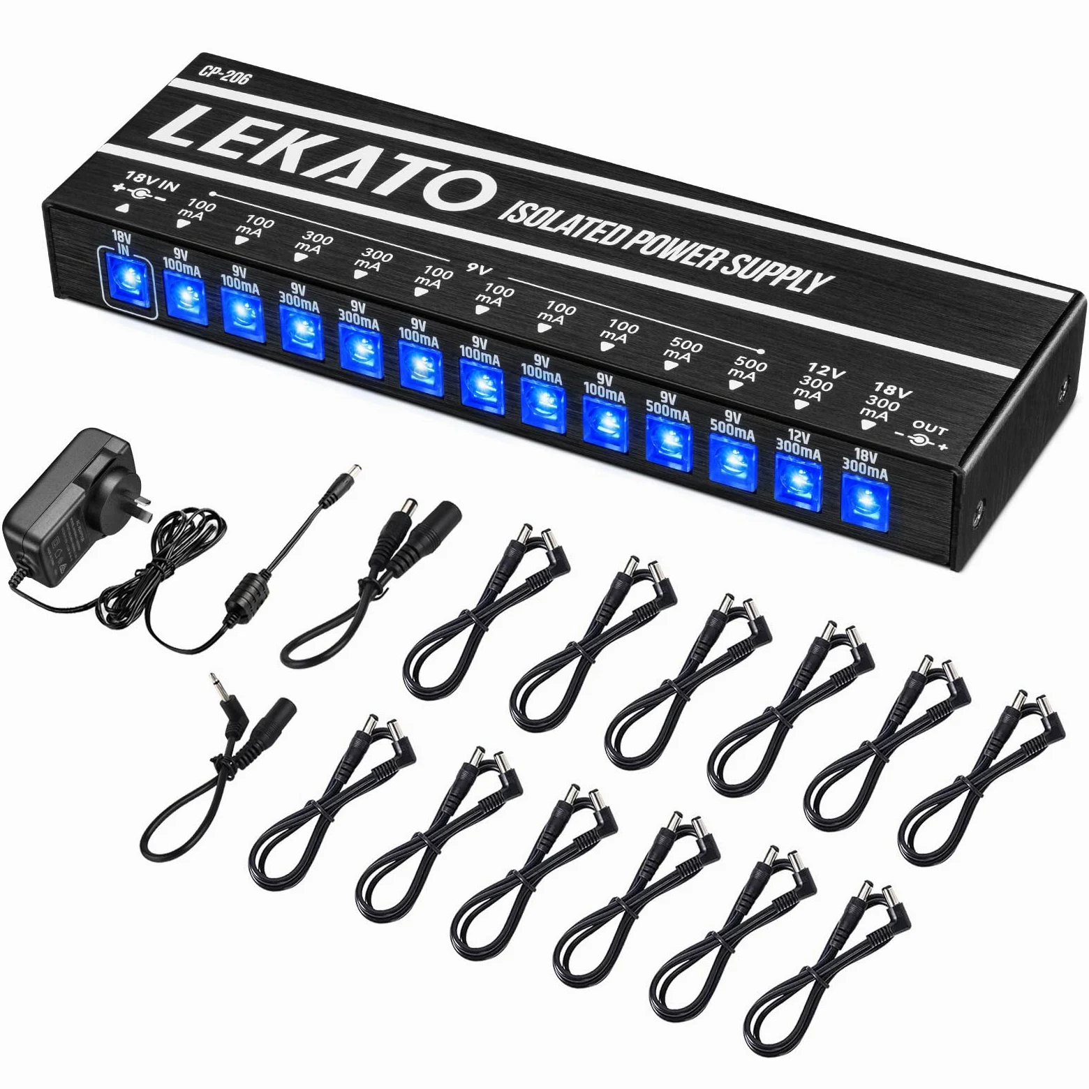 LEKATO Zasilacz do gitary, 12 izolowanych wyjść DC do 9 V/12 V/18 V, 100 mA 300 mA 500 mA zasilacz pedału efektów z ochroną przed zwarciem do ładowania instrumentów muzycznych (12 wyjść)
