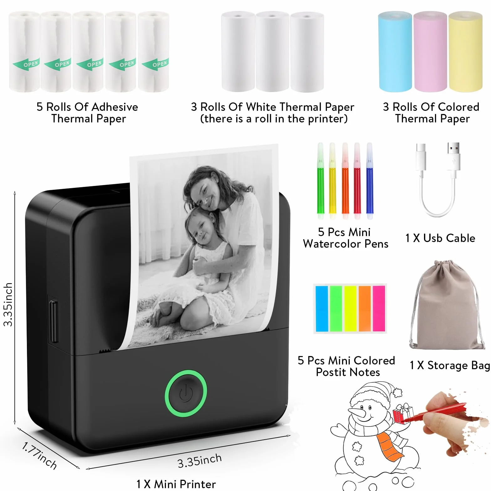 Mini drukarka fotograficzna, przenośna bezprzewodowa drukarka termiczna Bluetooth, mała drukarka natychmiastowa, drukowanie paragonów, ładowanie przez USB z systemem iOS/Android do