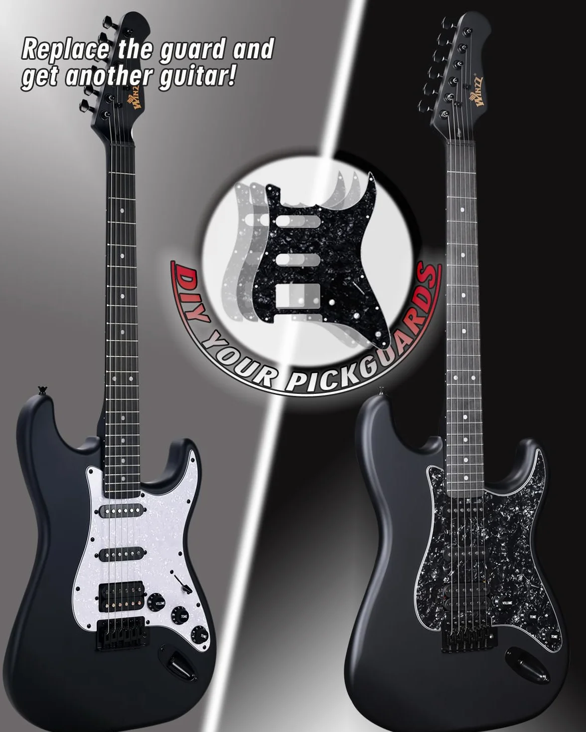 Winzz Gitara elektryczna 4/4 dla dorosłych, ST HSS, zestaw dla początkujących z 12 akcesoriami, dla dzieci 12+ lat (99,1 cm, czarny matowy, biała płytka ochronna)