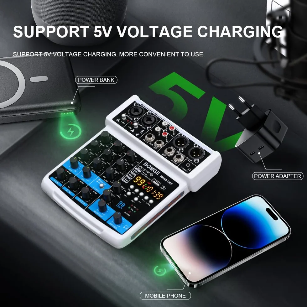 BOMGE 4-kanałowy mikser dźwięku DJ z Bluetooth MP3/USB 48V 24 DSP efekty Echo biały