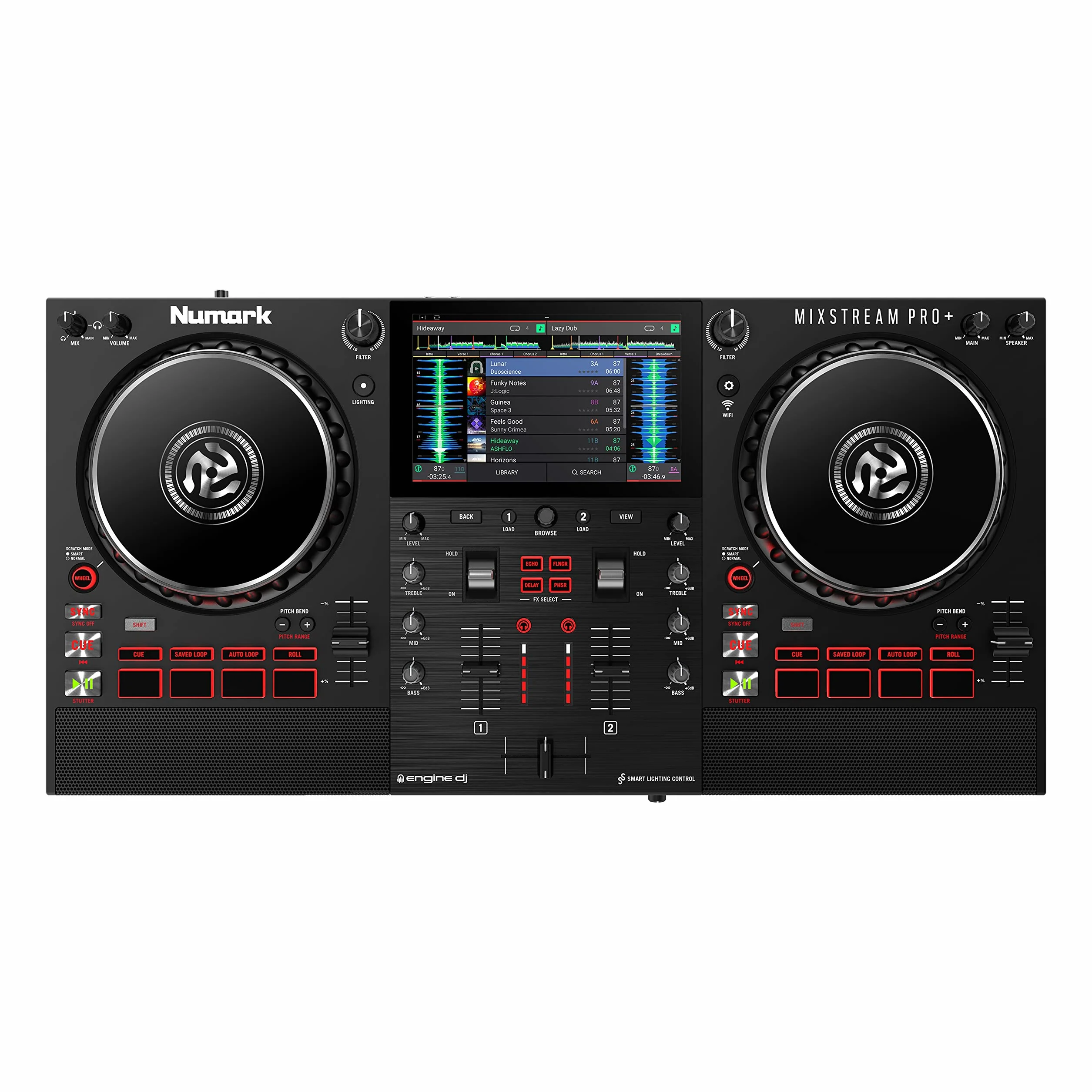 Numark Mixstream Pro+ Kontroler DJ z separacją stemów, 2 deckami, Wi-Fi, mikserem, ekranem 7″ i głośnikami, kompatybilny z Serato i Virtual DJ