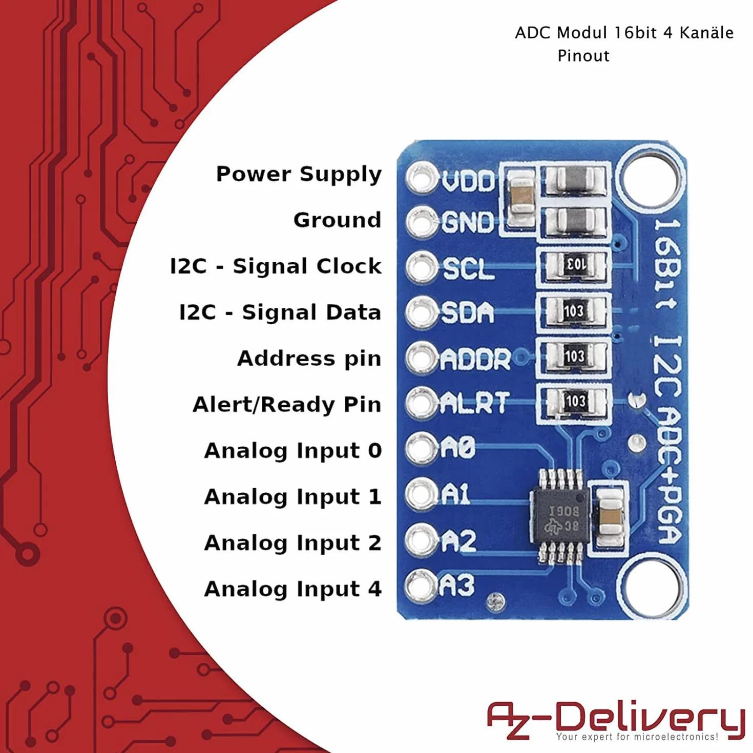 AZDelivery Compatible with ADS1115 ADC moduł 16bit 4 kanały kompatybilne z Arduino i Raspberry Pi z e-Book!
