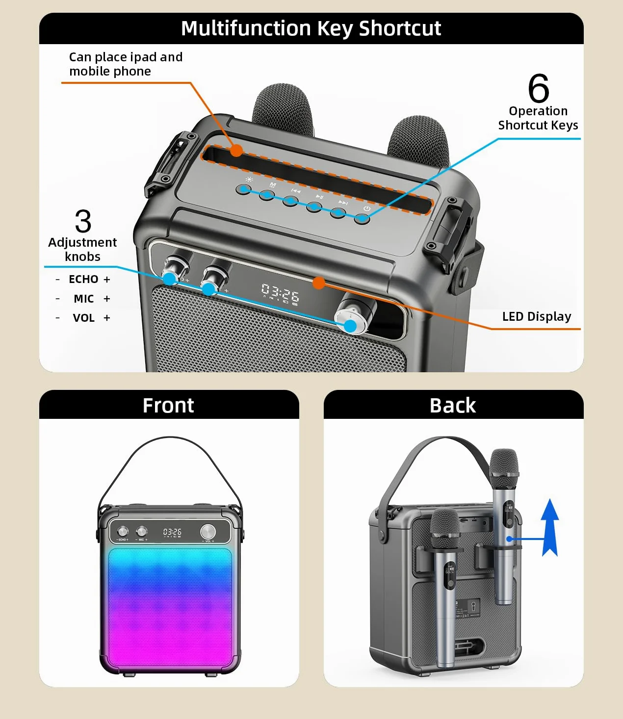 Zestaw karaoke z 2 bezprzewodowymi mikrofonami dla dorosłych, przenośny głośnik Bluetooth do karaoke ze światłami LED/ECHO, obsługuje TF, USB, AUX, TWS na imprezy, na zewnątrz