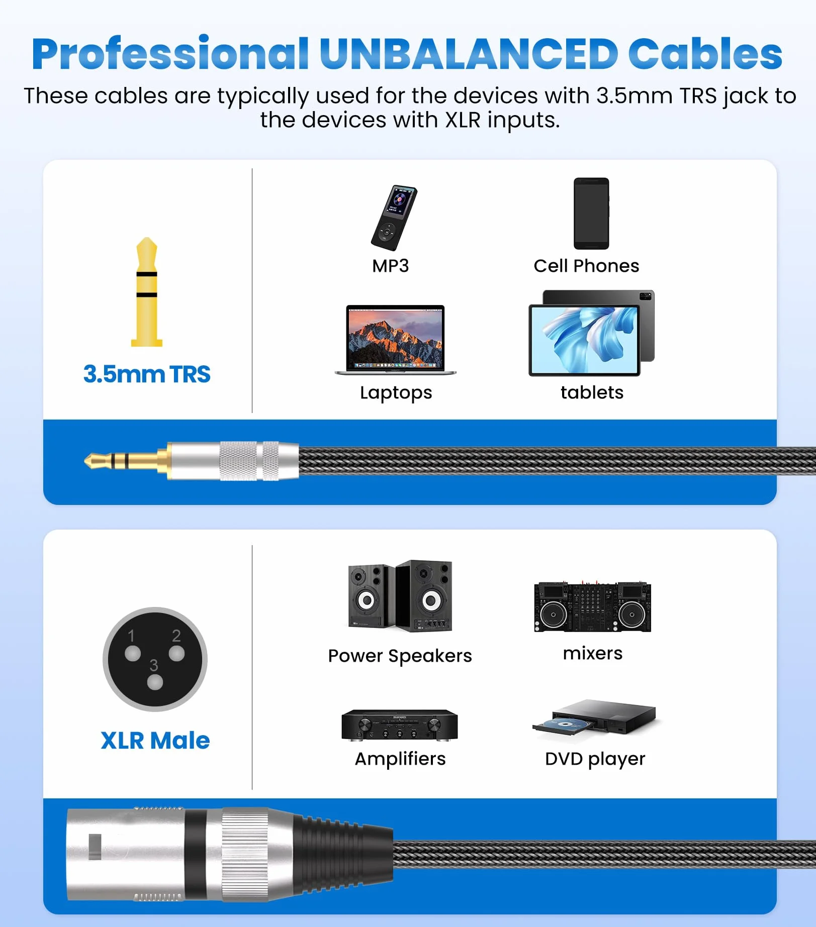 Tisino Kabel 3,5 mm TRS do XLR Męski, Niezbalansowany Stereo Mini Jack do 3-pin XLR Kabel Audio do Smartfona, Laptopa, Tabletu, Miksera, Aktywnego Głośnika i Sprzętu Audio