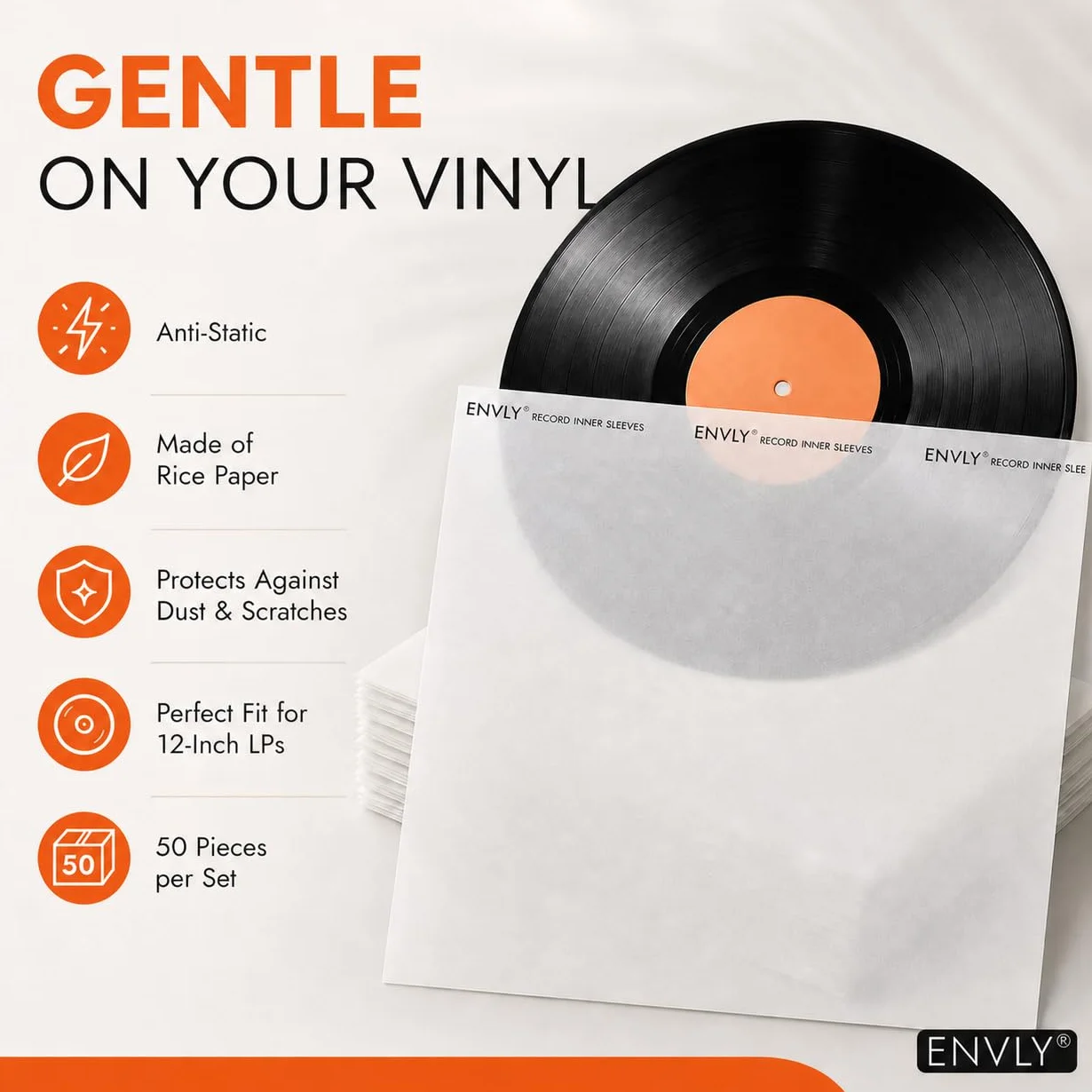 Pokrowce wewnętrzne na płyty gramofonowe (50 sztuk) | Papier ryżowy | antystatyczne (12")