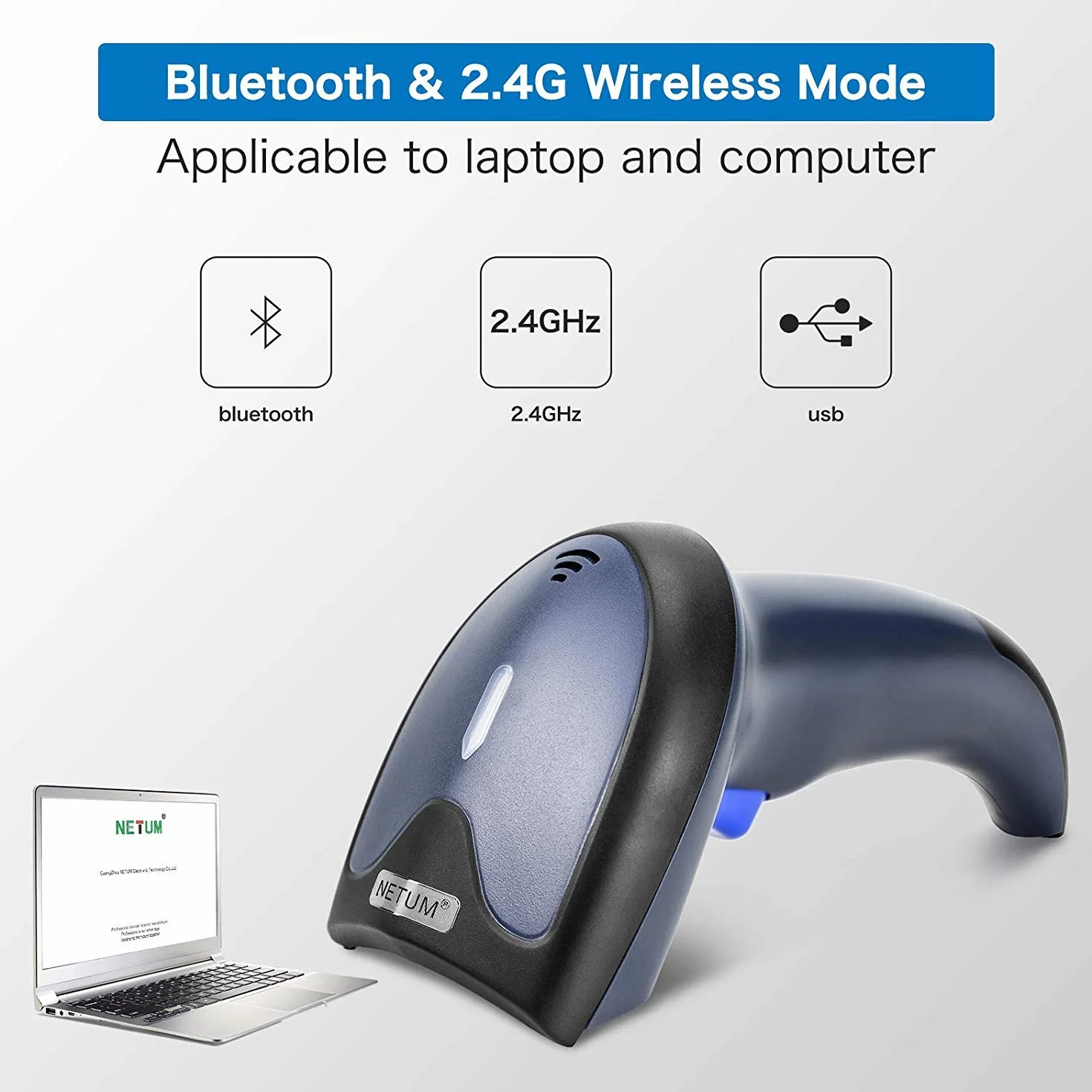 NETUM Skaner kodów kreskowych Bluetooth 2D 3 w 1 (2,4 G bezprzewodowy i Bluetooth i USB) czytnik kodów kreskowych skanowanie QR PDF417 DataMatrix Maxicode do telefonu komórkowego Android iOS PC komputer W8-X