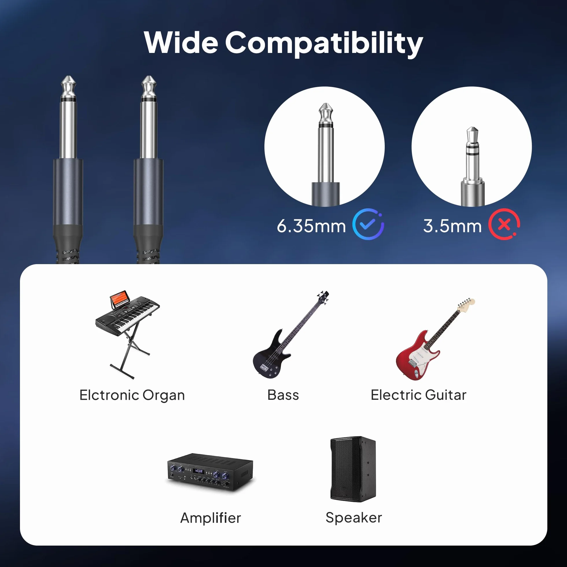 Elebase Kabel gitarowy 1/4 cala TS 1M, 2 PCS, mono prosty 6,35 mm, przewód audio męski-męski do gitary elektrycznej, basu, klawiszy, wzmacniaczy, głośników, efektów