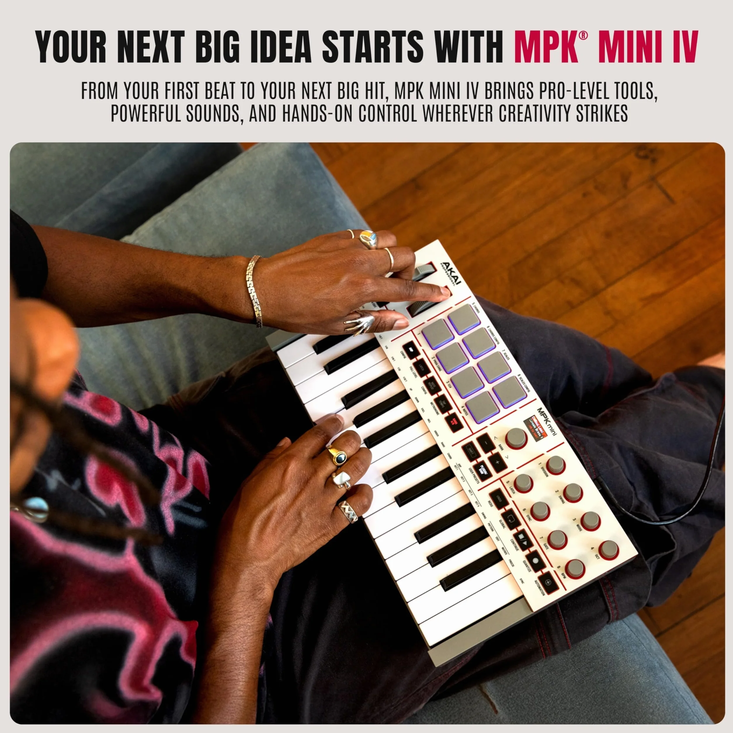 Akai Professional MPK Mini IV Klawiatura MIDI USB-C dla Początkujących i Producentów- Pady Perkusyjne MPC, Koła Pitch & Mod, Oprogramowanie do Produkcji, Pakiet Pźwiękowy Native Instruments, Szary