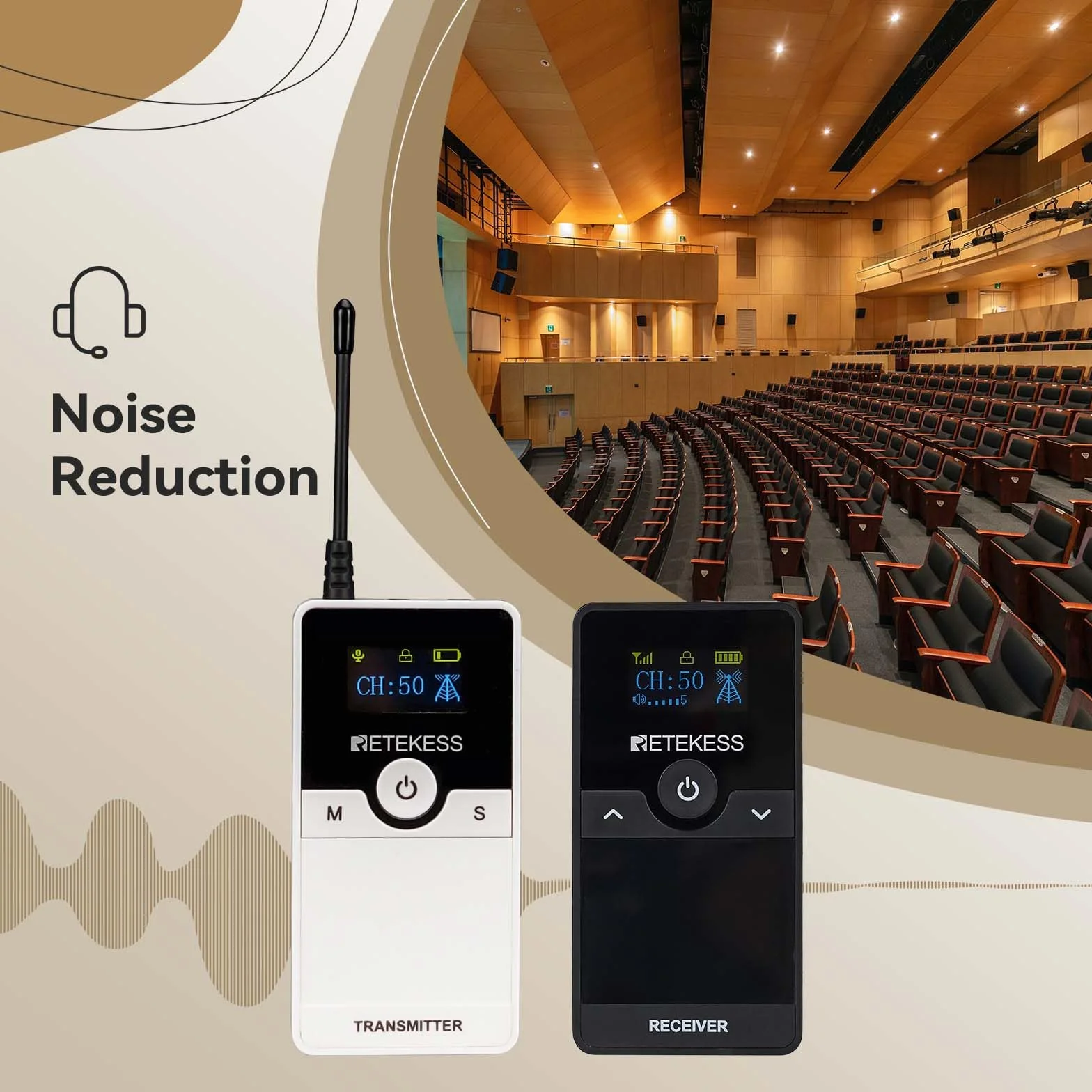 Retekess TT116 Bezprzewodowy System Przewodnika, 200 m, Pełna Redukcja Szumów, Uniwersalny dla Lewego lub Prawego Ucha, Możliwość Parowania Jednym Przyciskiem, dla Turystyki, Zwiedzania Fabryk