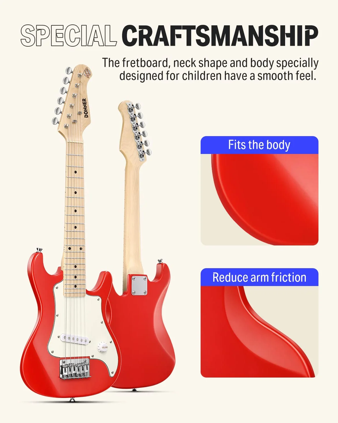 Donner 76 cm dziecięca gitara elektryczna, zestaw dla początkujących, w stylu ST, mini gitara, zestaw premium ze wzmacniaczem, tunerem, kapo, torbą, paskiem, sznurkiem, kablem (DSJ-100, czerwona)