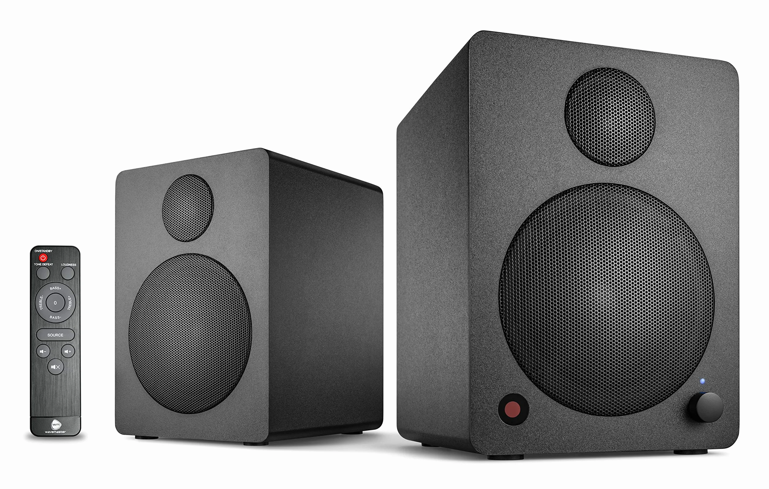 wavemaster Cube Mini Neo Black – system głośników regałowych (36 W) z transmisją strumieniową Bluetooth, przyłącze cyfrowe i pilot zdalnego sterowania na podczerwień, aktywne pudełko, wykorzystanie do telewizorów/tabletów/smartfonów, czarny (66370)