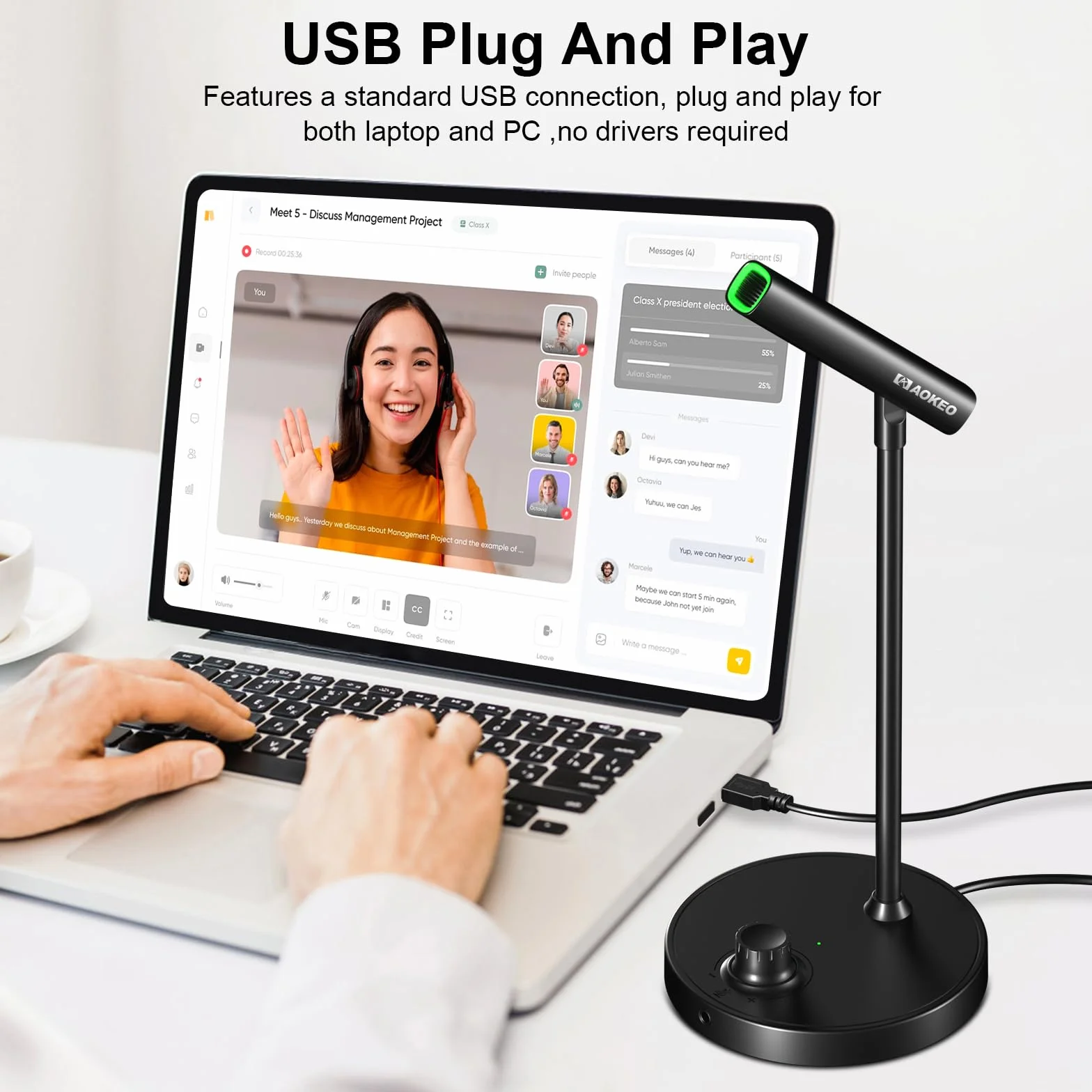 Aokeo Mikrofon USB gamingowy do komputera z regulacją głośności do nagrywania podcastów