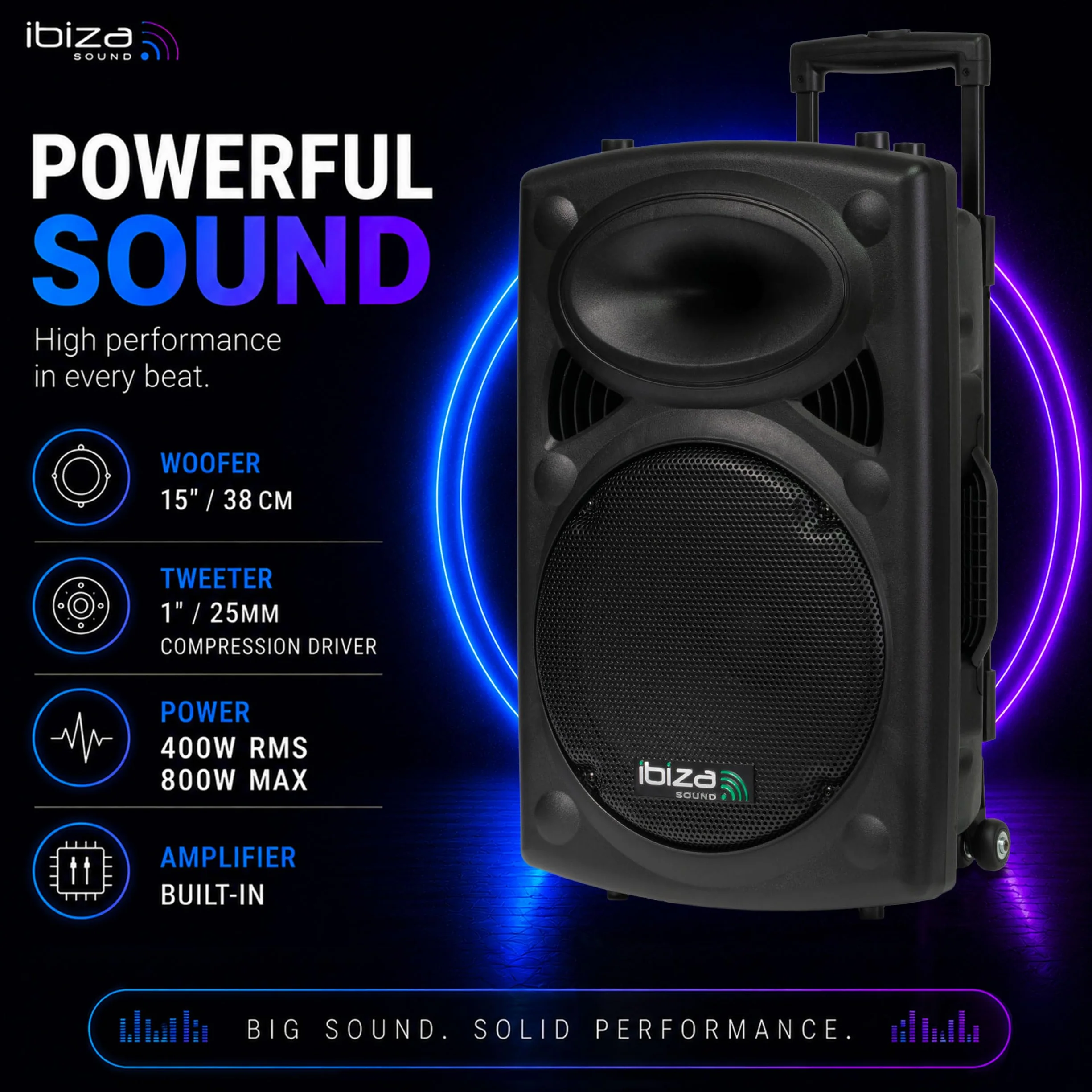Ibiza PORT15UHF-BT 15"/38 cm Przenośny Głośnik PA z Zasilaniem Bateryjnym i Bluetooth – Maks. 800 W / 400 W RMS – Karaoke z 2 Mikrofonami UHF w Zestawie – TWS – USB, SD, REC, VOX – Trolley
