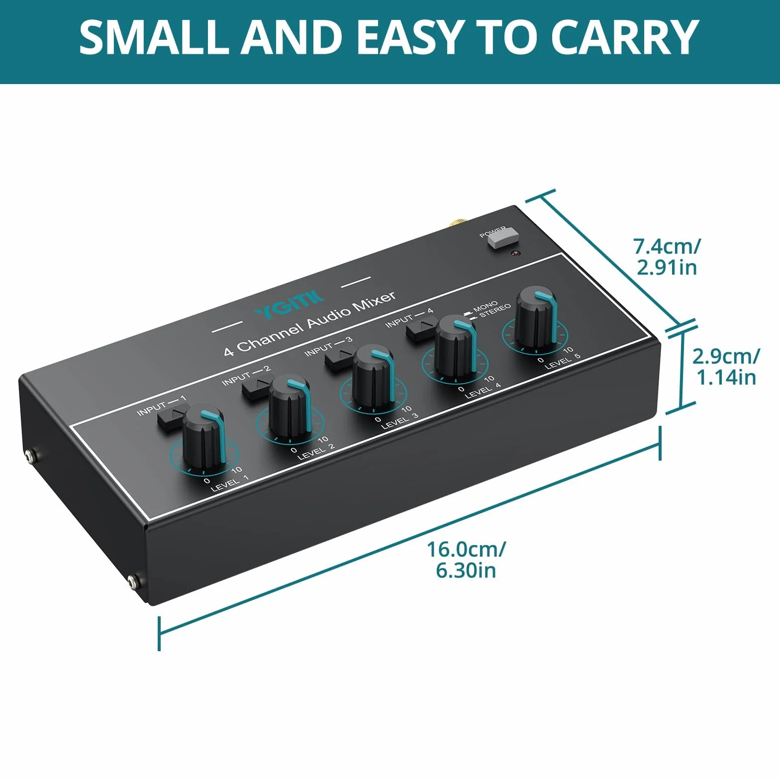 Mini mikser audio, 4-kanałowy mikser liniowy stereo 1/4" & 1/8" TSR Audio Output Input Jack, mikser liniowy stereo/mono z niezależną kontrolą i przełącznikiem dla gitar, basu, klawiatur