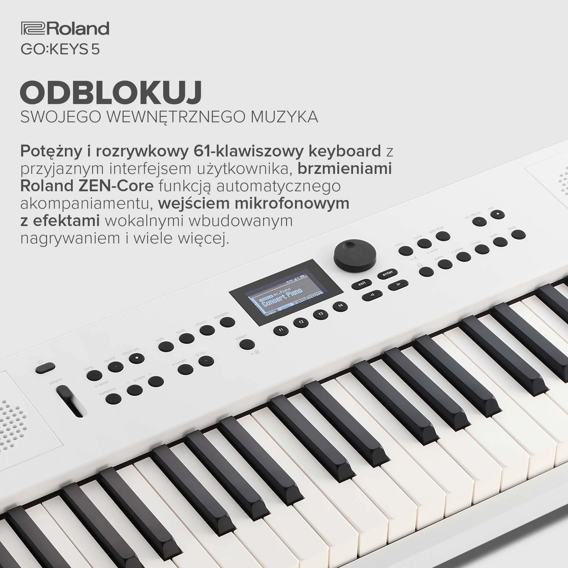 Roland GO:KEYS 5 Keyboard do Tworzenia Muzyki | 61-Klawiszowa Klawiatura | Silnik ZEN-Core z ponad 1000 Wbudowanymi Dźwiękami | Wbudowane Głośniki Stereo | Wejście Mikrofonowe – Biały
