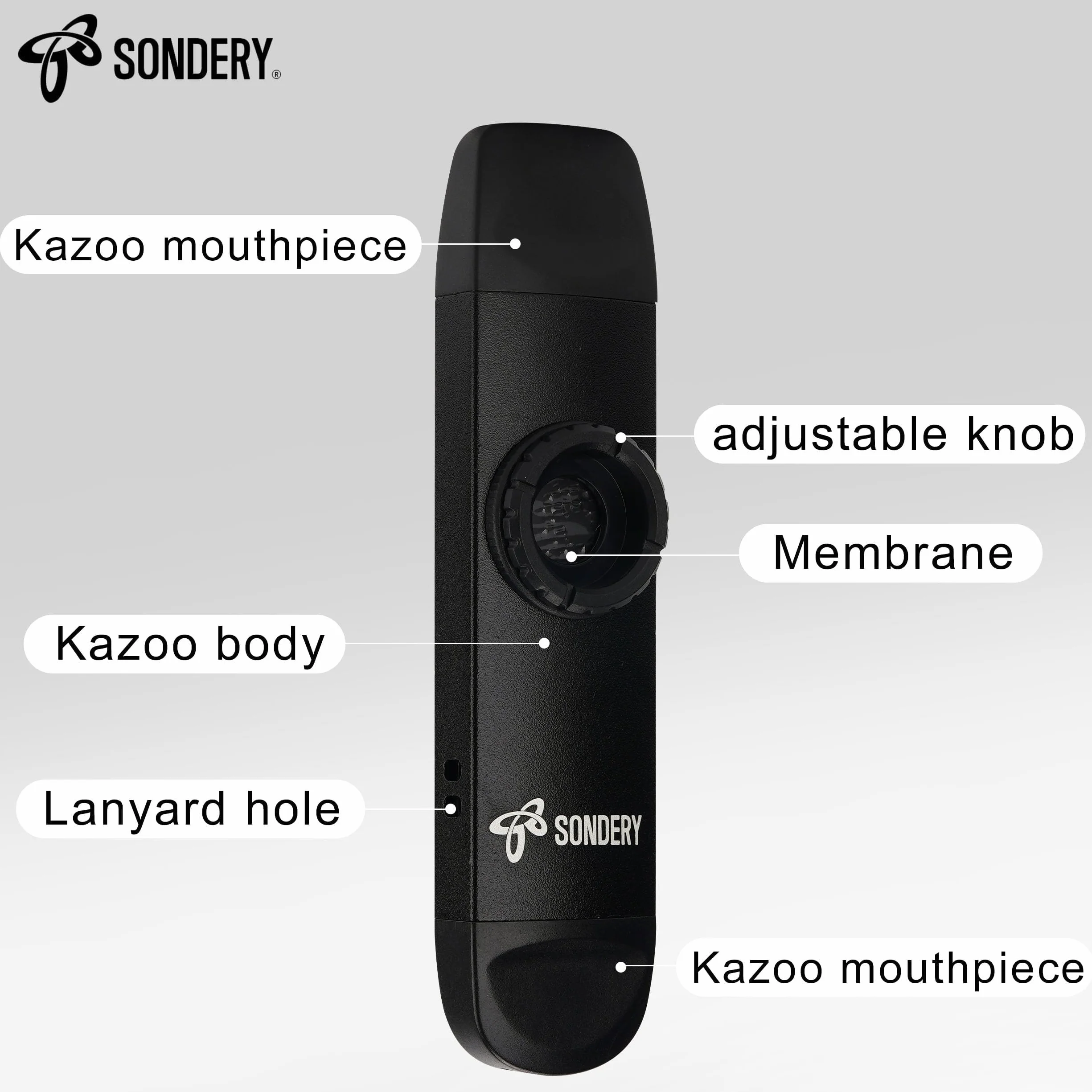 Sondery Profesjonalne metalowe kasoo Kazoo z podwójną głowicą z wysokim niskim skokiem i 5 membranami, dżem wraz z gitarą, ukulele, skrzypcami i innymi, czarny