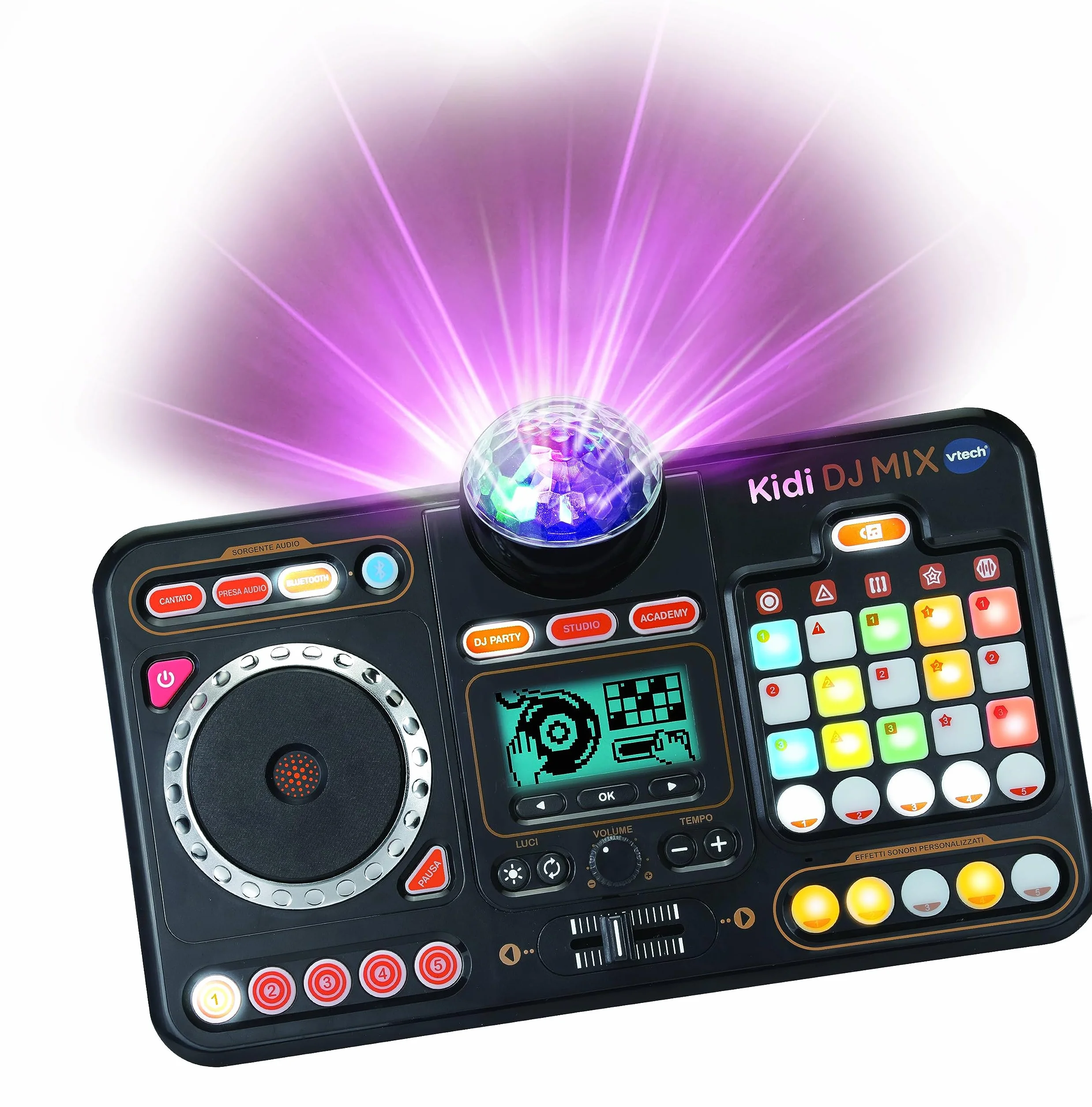 VTech Kidi DJ Mix, konsola DJ-ska dla dzieci, efekty koncertowe, miksy DJ-skie dla dzieci z mikrofonem, podłącz odtwarzacz MP3, Jack lub Bluetooth, język włoski, baterie w zestawie, 6 lat