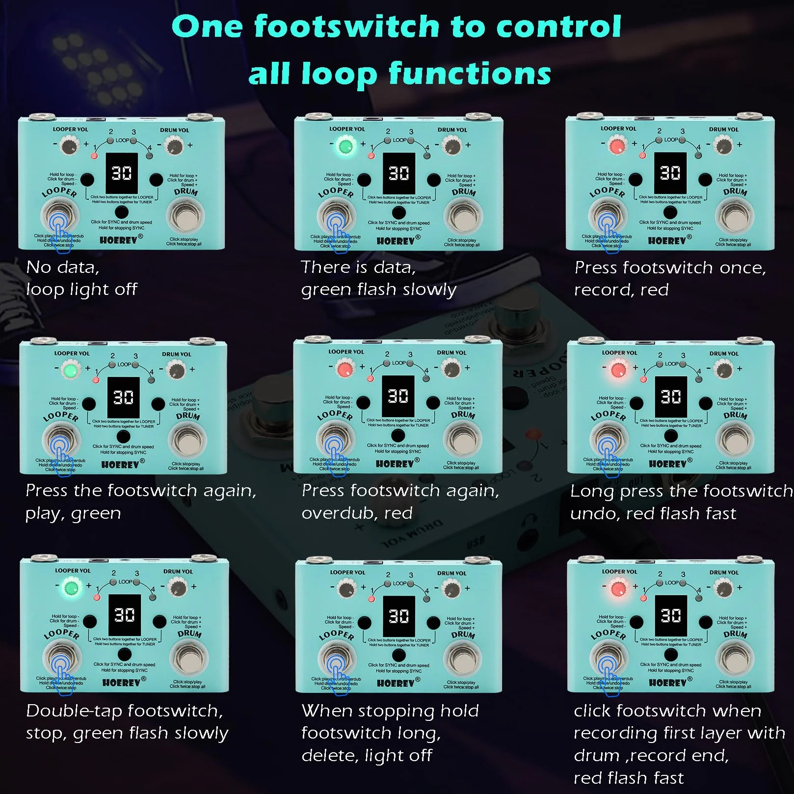 HOEREV Tuner bębna Looper efekt audio stacja robocza pedał gitarowy