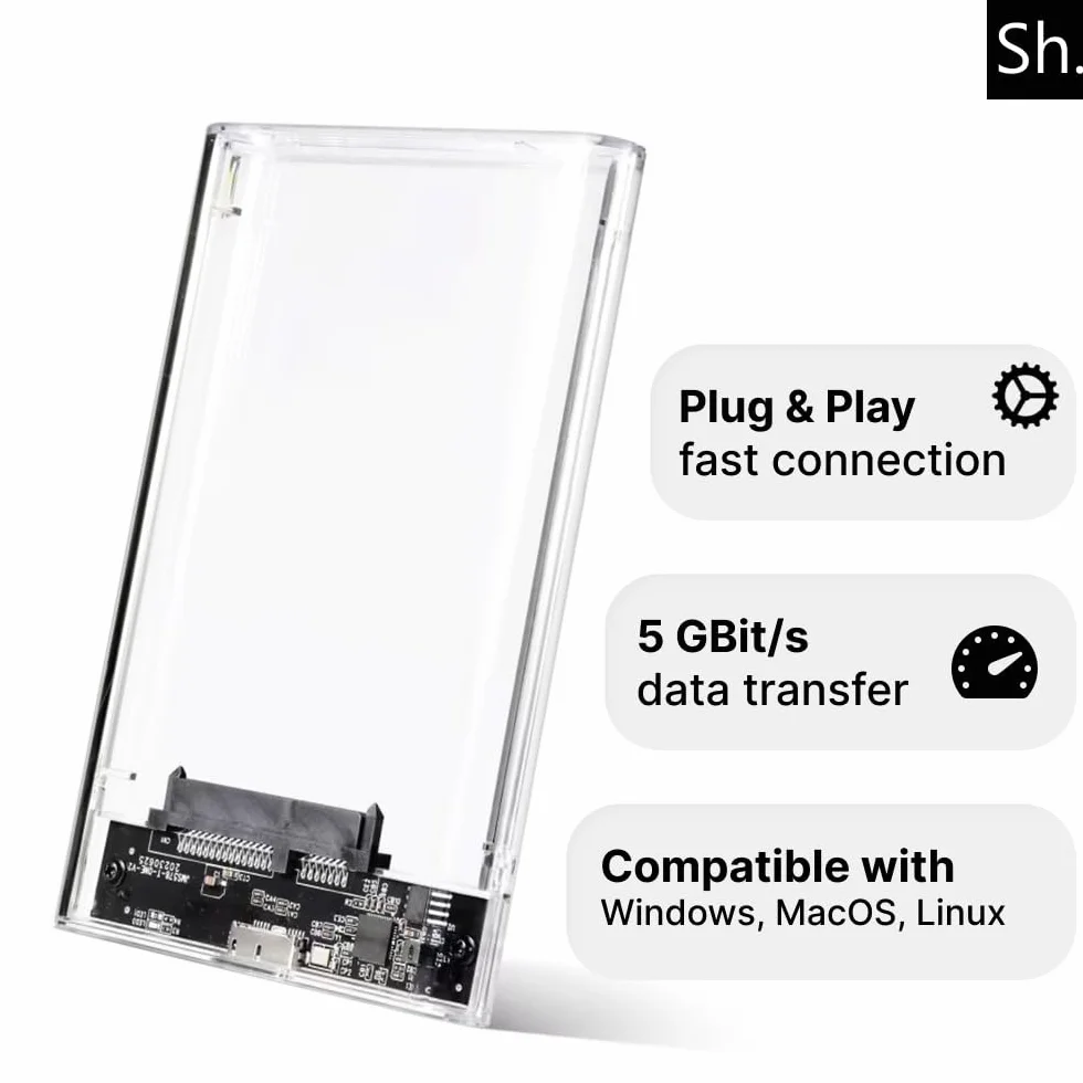 Sh. Obudowa Zewnętrzna Dysku 2.5” SATA USB 3.0 – Kieszeń na Dysk SSD/HDD, Obudowa do SSD SATA, Etui Adapter (HDD/SSD Case), UASP 5 Gb/s, Kompatybilna z Laptopem/PC/PS4/Xbox