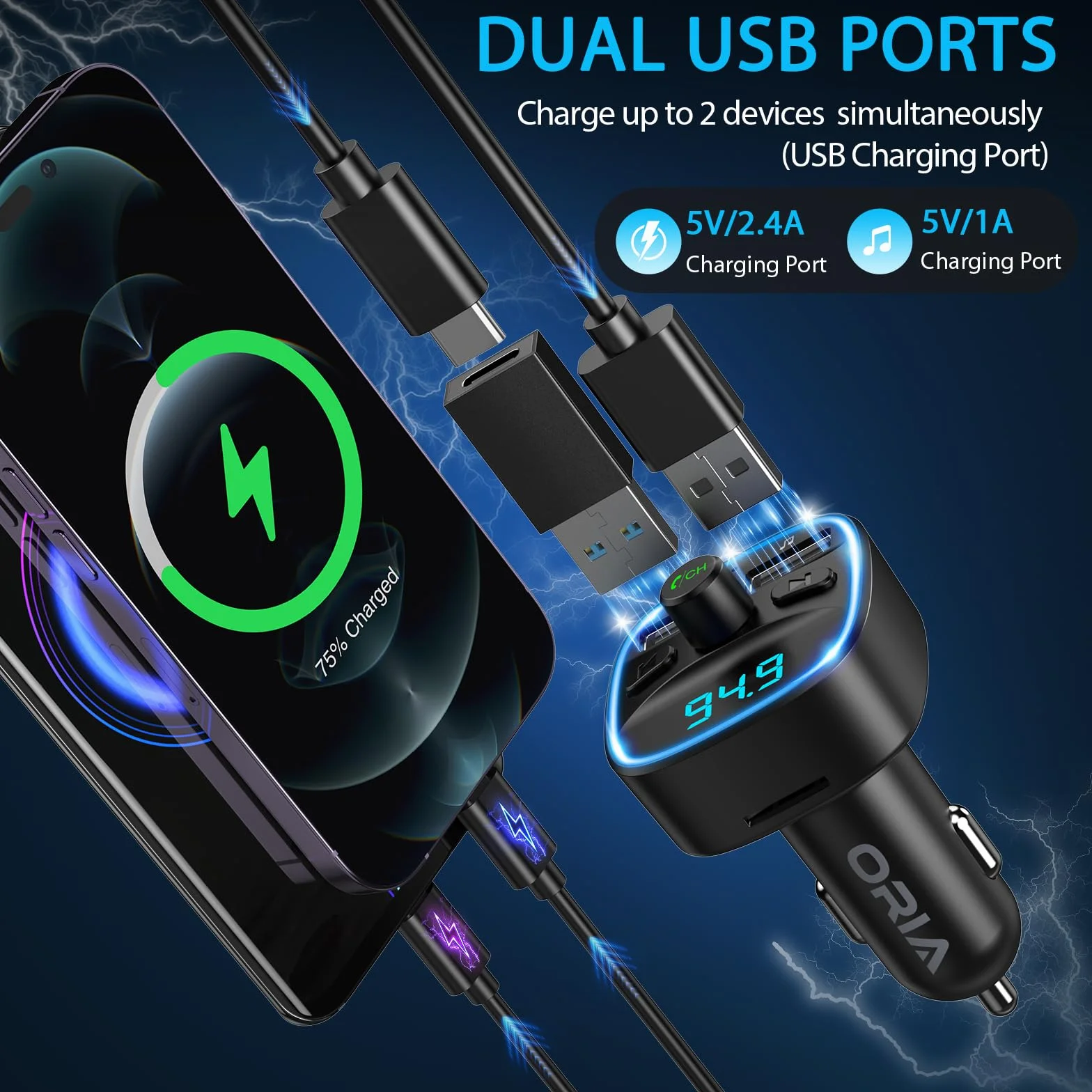 ORIA Samochodowy adapter Bluetooth, nadajnik FM Bluetooth 5.3 do radia samochodowego z podwójną ładowarką USB, połączenia bez użycia rąk, obsługa odtwarzacza muzycznego karty TF i dysku USB (w