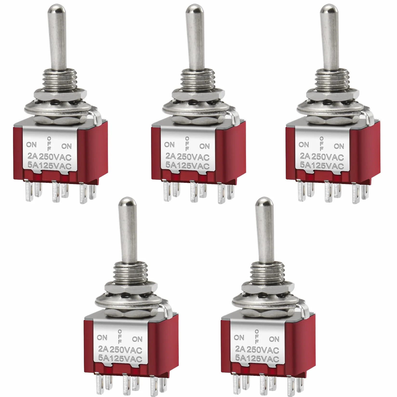 Heschen Miniaturowy przełącznik dźwigienkowy MTS-203 ON-OFF-ON DPDT 6 pin, 2 A 250 V 6 A 125 V UR, 5 sztuk