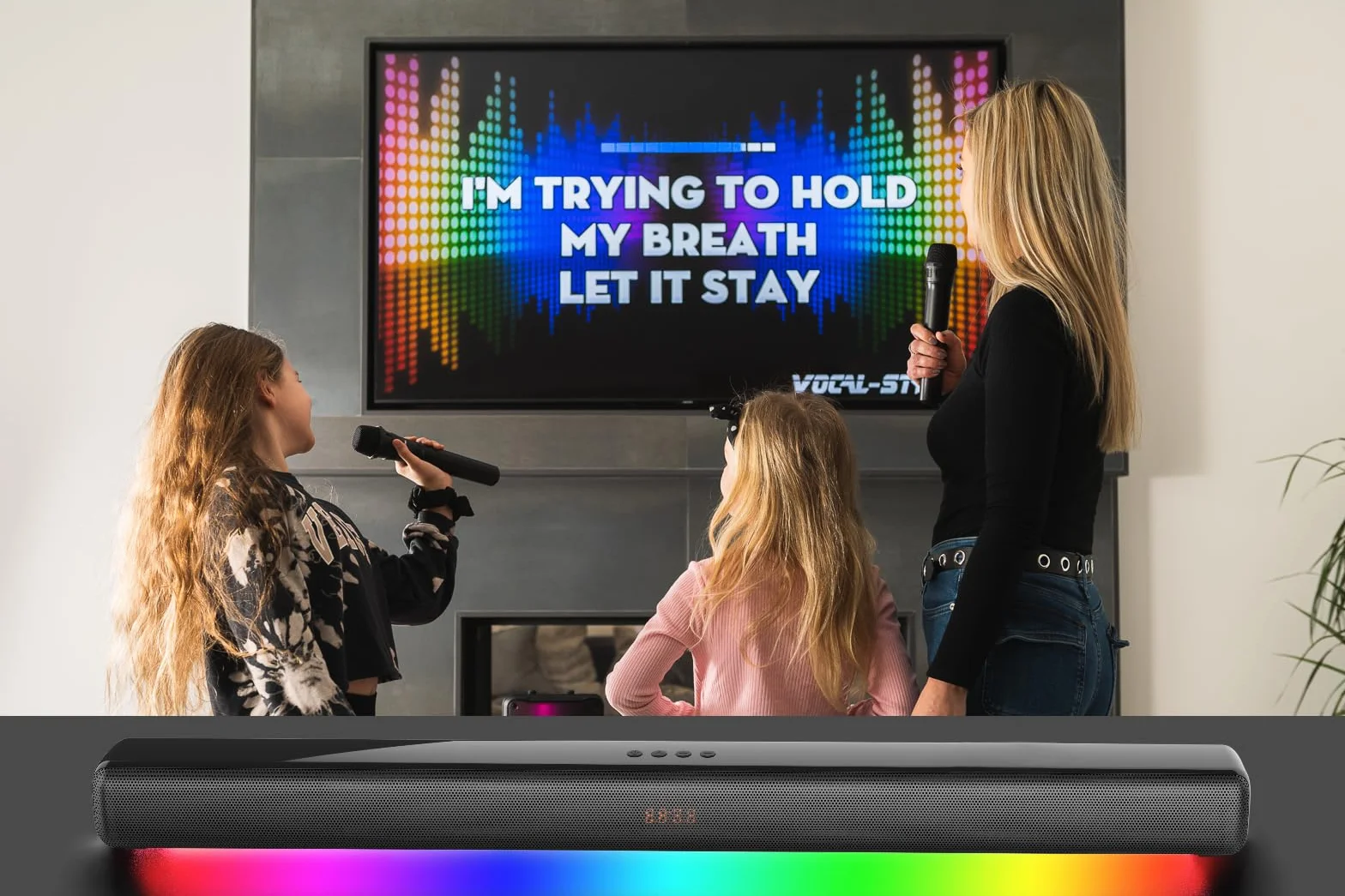 Vocal-Star Soundbar do karaoke system 250w, 2 bezprzewodowe mikrofony UHF, uchwyt ścienny, 9 efektów świetlnych RGBW, pilot zdalnego sterowania, HDMI ARC, BT, AUX, optyczny