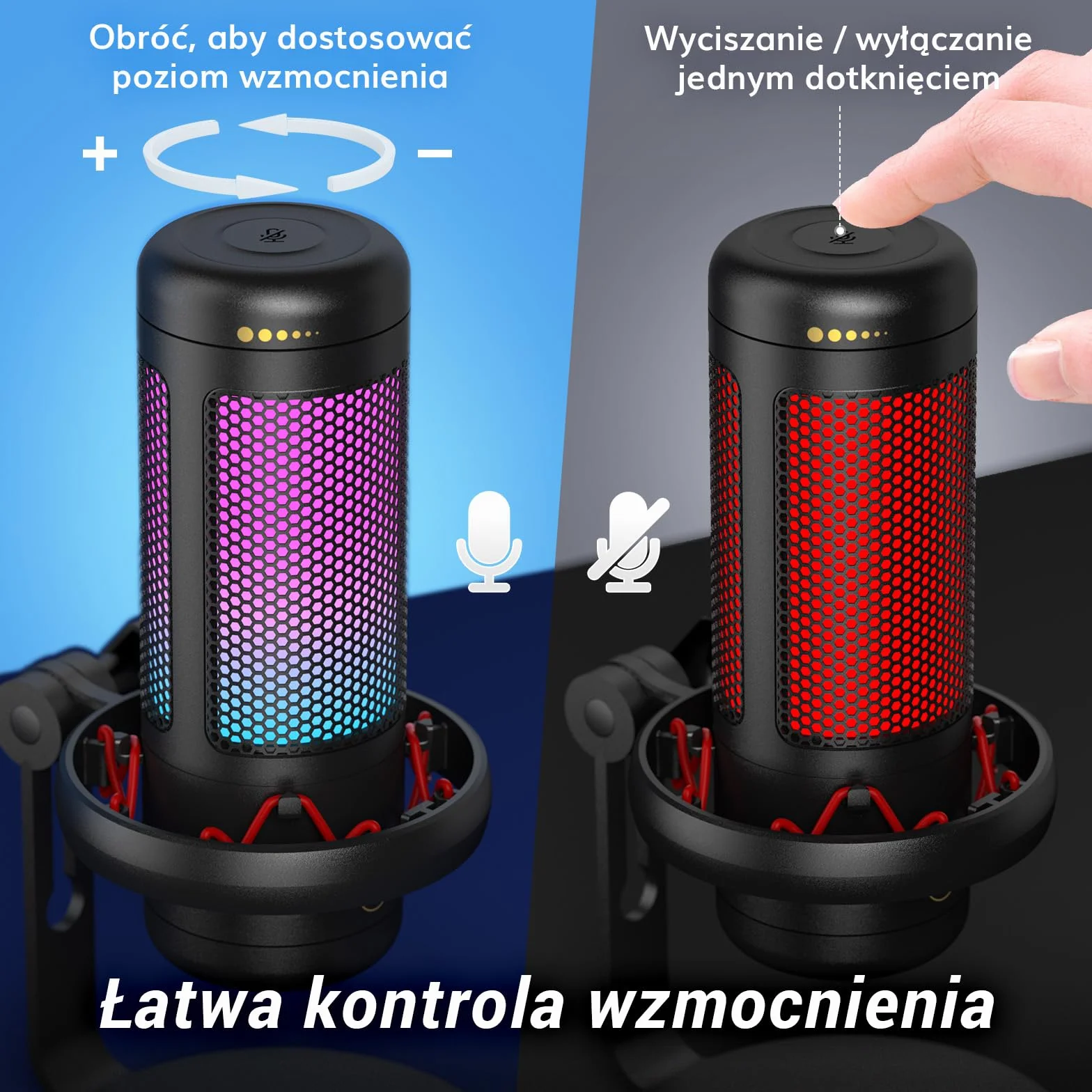TONOR TC320 Mikrofon USB z kontrolą RGB/wzmocnienia, wyciszenie dotykowe do streamowania, podcastów, Twitch/YouTube/Discord, mikrofon komputerowy ze stojakiem na Mac/PS4/PS5/NS czarny