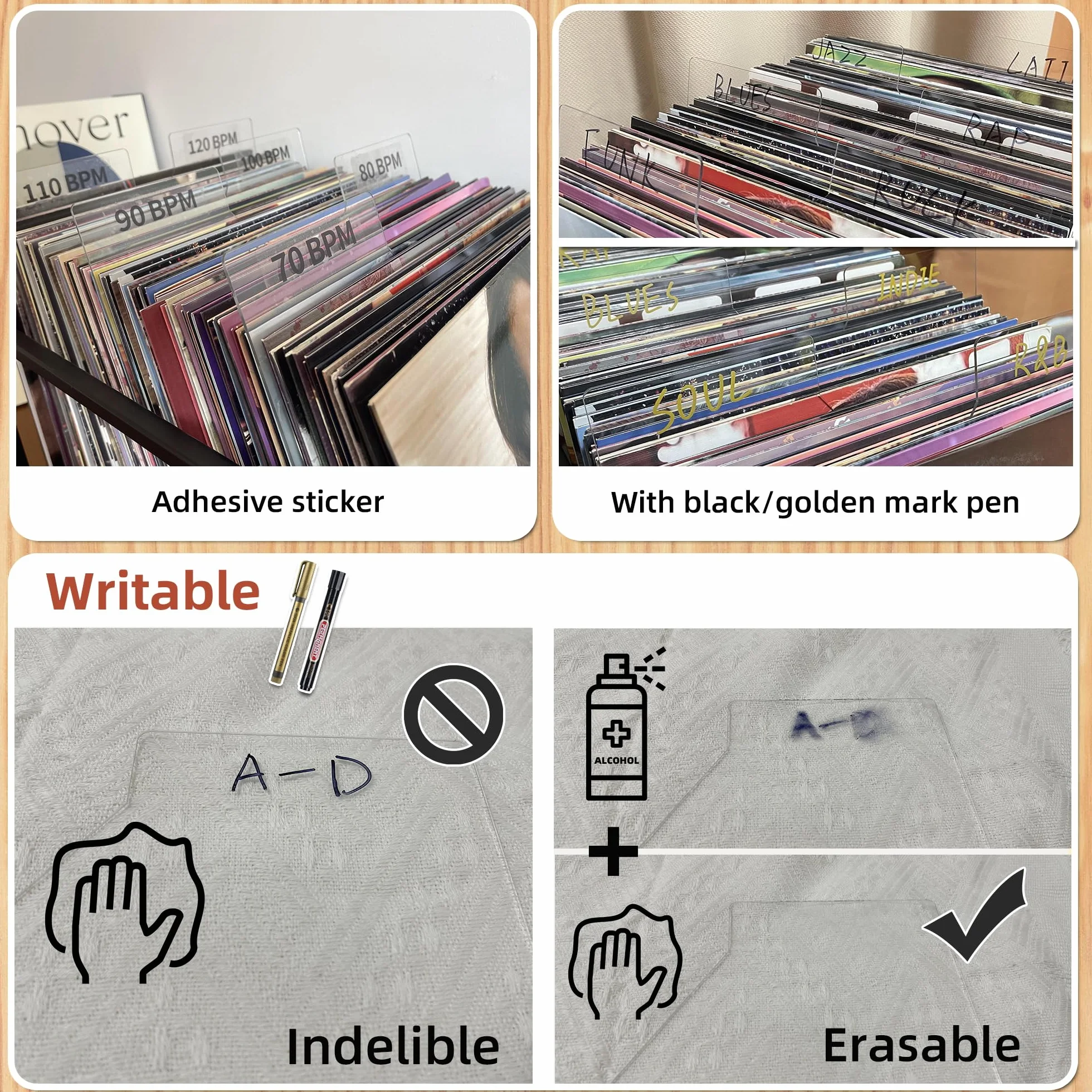Dzielniki na płyty - DIY akrylowe dzielniki na płyty winylowe - Dzielniki na płyty A-Z Gatunek ERA BPM i do zapisu dla 12-calowych płyt winylowych - Pionowe i poziome - Zestaw 10 sztuk