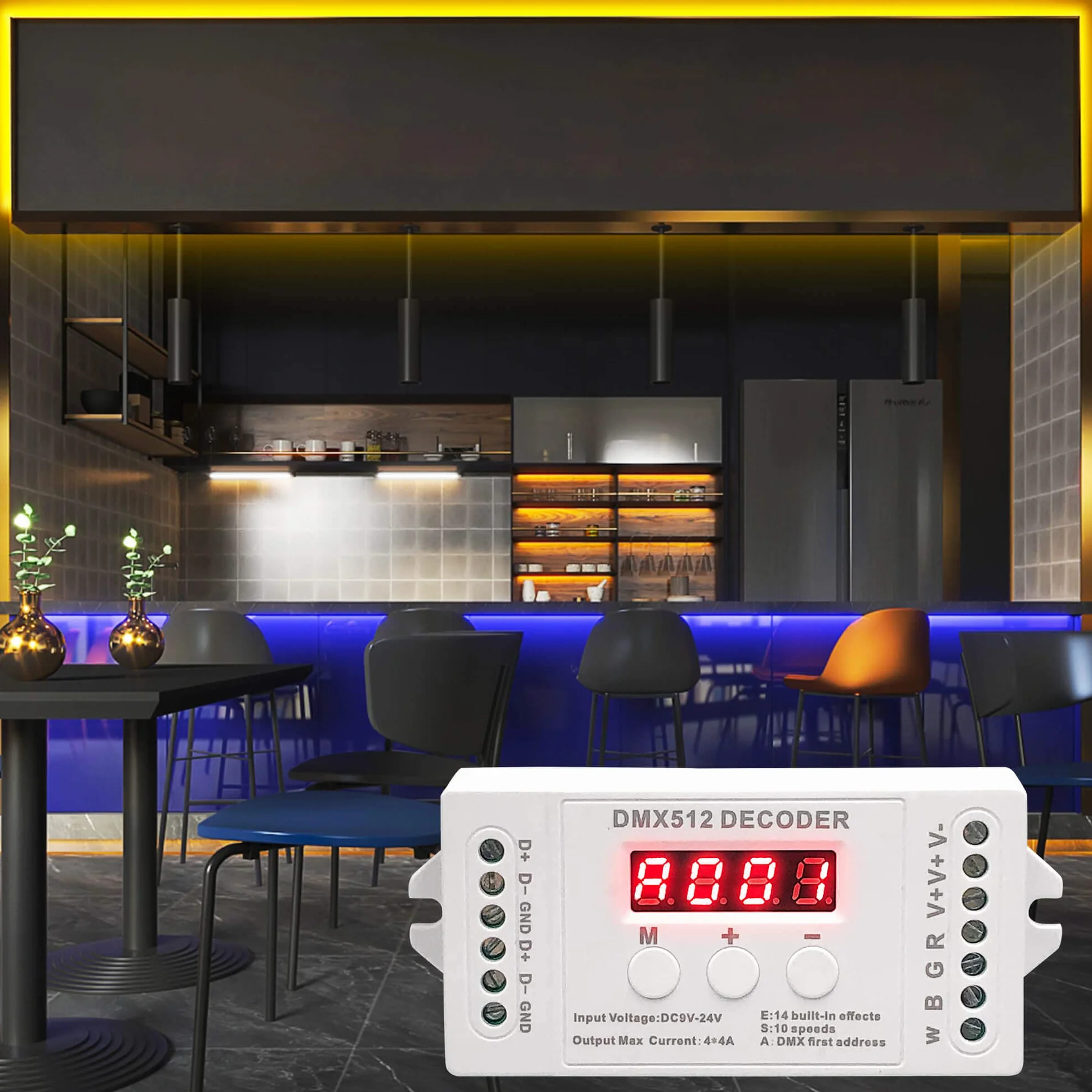 GIDEALED 4-kanałowy dekoder DMX, RGBW DMX512 dekoder z wyświetlaczem cyfrowym, sterownik ściemniacza PWM 16 A, kontroler LED RGB RGBW DC9-24 V