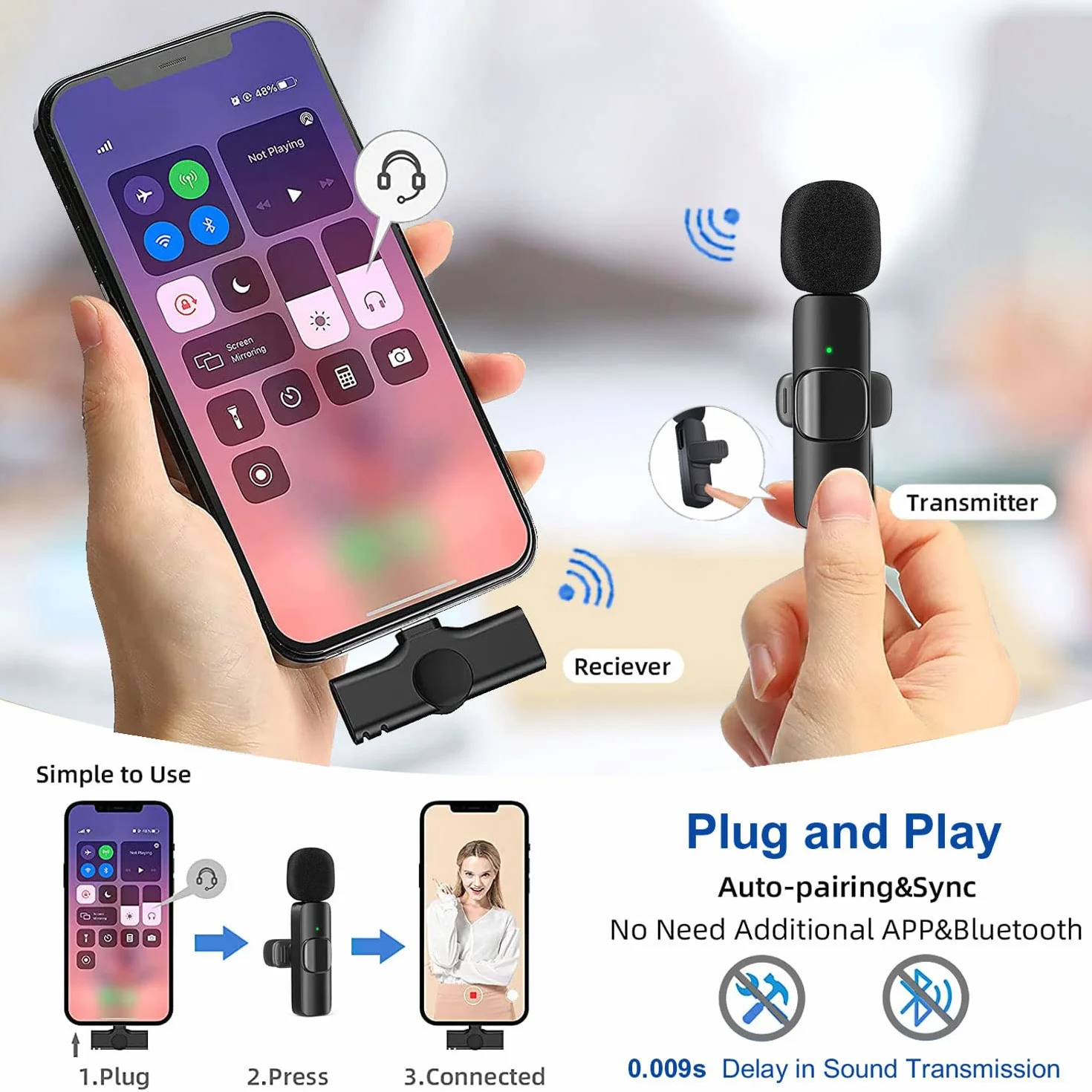 VOVIGGOL Bezprzewodowy mikrofon krawatowy do iPhone'a, iPada, telefonów z systemem Android, laptopa, Plug&Play Lapel, bezprzewodowy mikrofon do nagrywania wideo YouTube, transmisji na żywo, TikTok