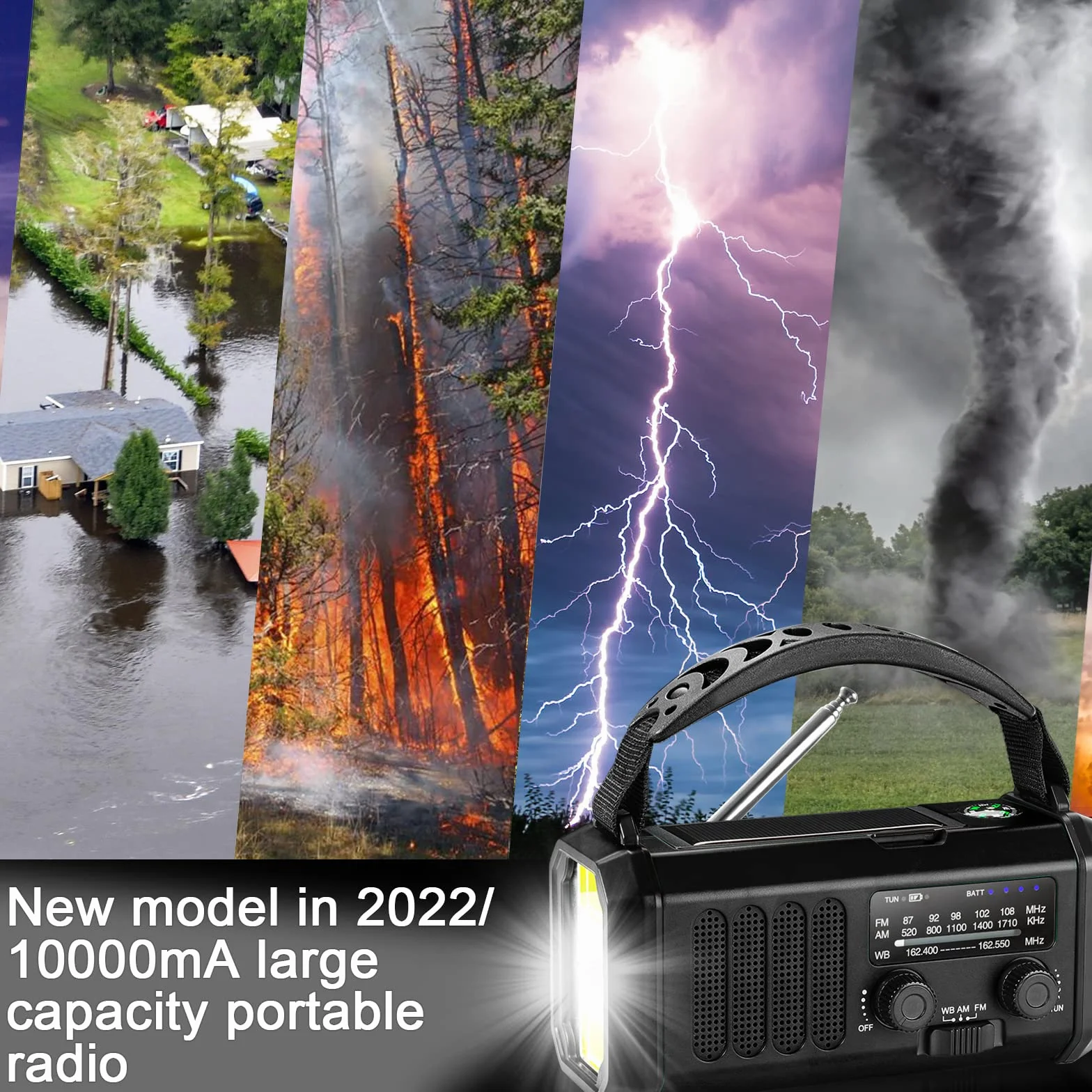 Awaryjne radio pogodowe 10 000 mAh, przenośne radio survivalowe FM/AM/NOAA zasilane bateryjnie i power bank, ładowarka solarna/korba/typ C, latarka, lampka do czytania, kompas,