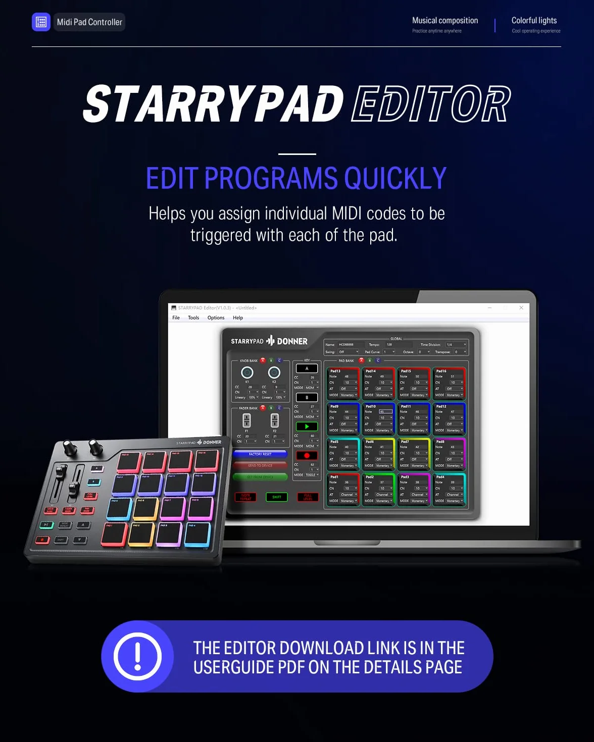 Donner Klawiatura kontrolera MIDI Pad USB typu C, profesjonalna bateria z 16 buforami, wyjście MIDI, 2 suwaki i przypisywalne przyciski (Starrypad Mini, czarny)