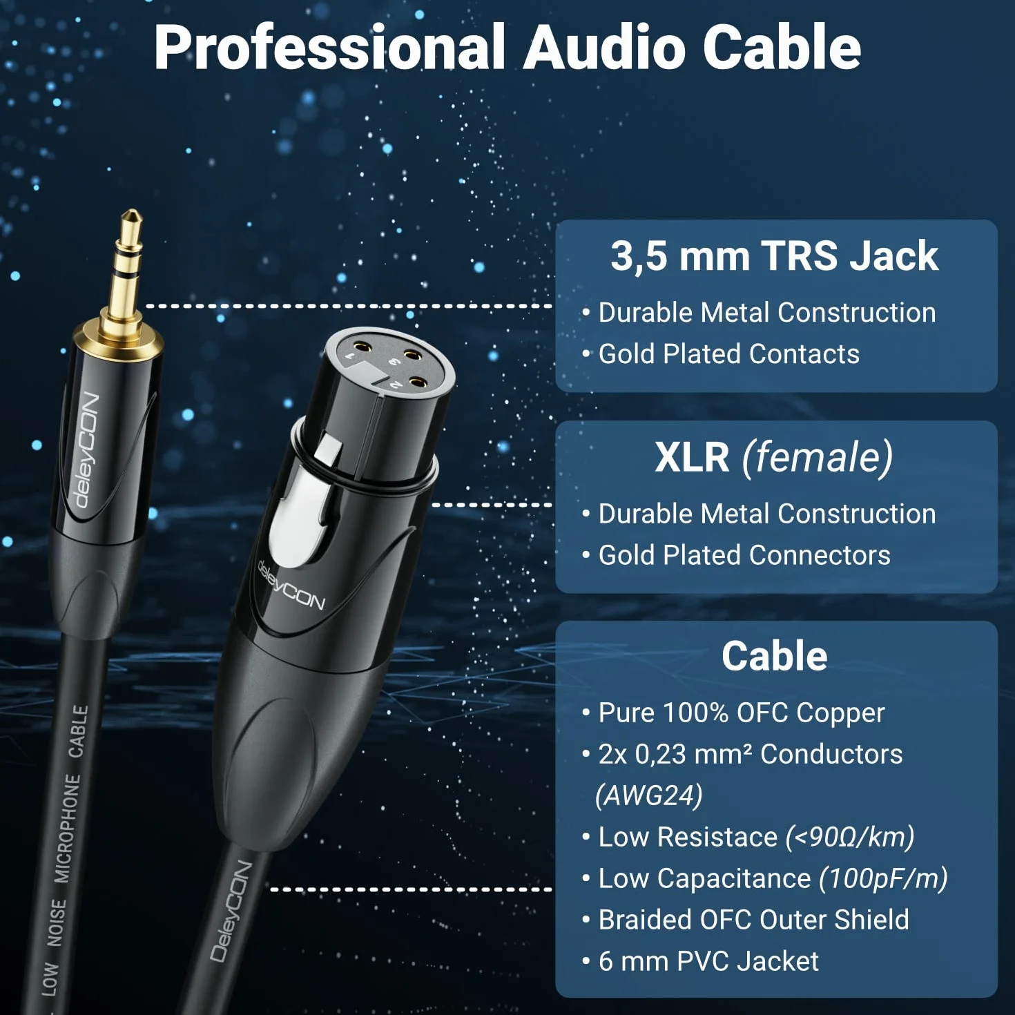 deleyCON 5m XLR na 3,5mm Klinke Stereo Kabel Mikrofonowy Audio Adapter AUC - czysta Miedź OFC AWG24