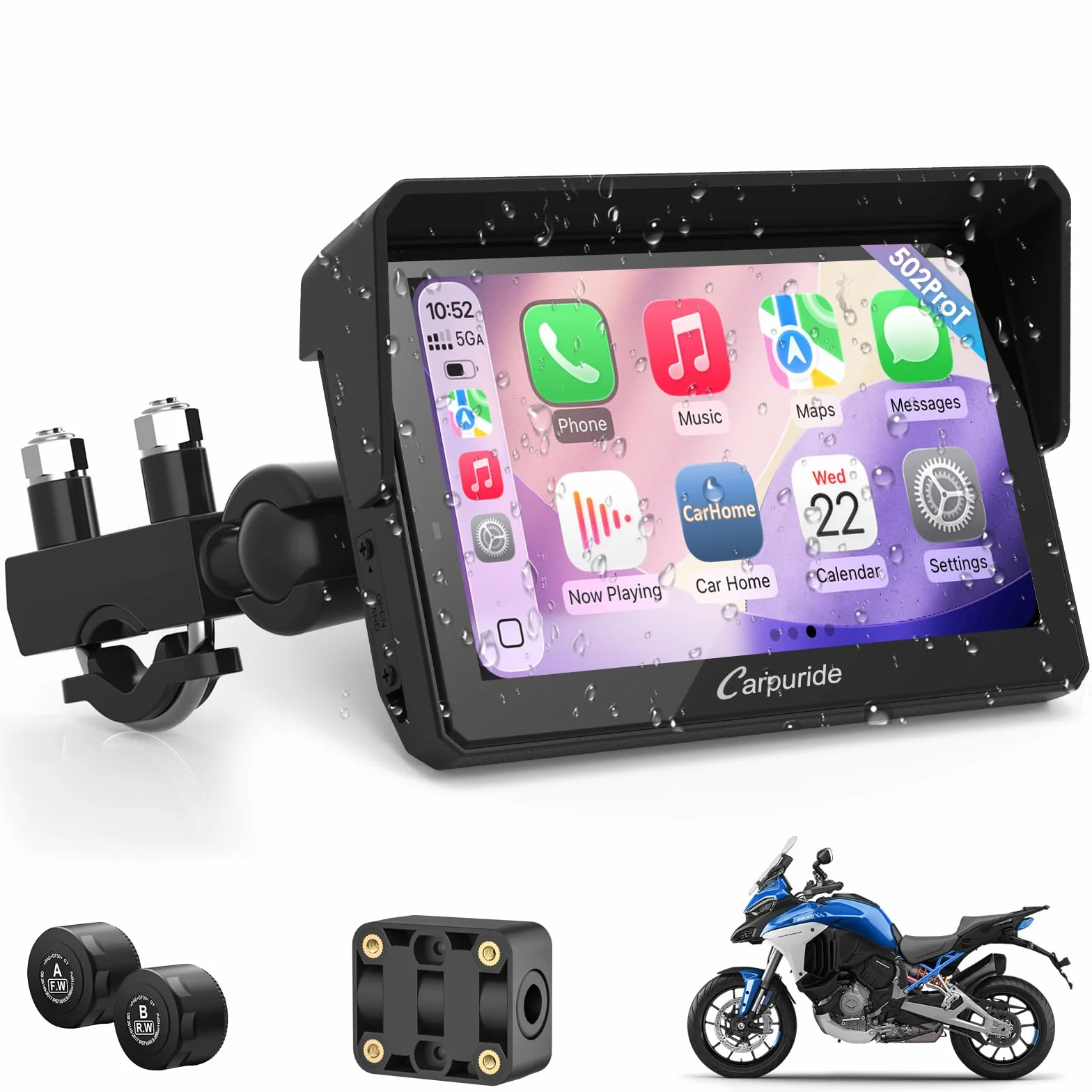 Carpuride W502TPRO do motocykli z CarPlay i Android Auto, TPMS i podwójnym Bluetooth – 5-calowy wodoodporny ekran nawigacji GPS do motocykli, interkom, korektor, czujnik światła, kompas, barometr