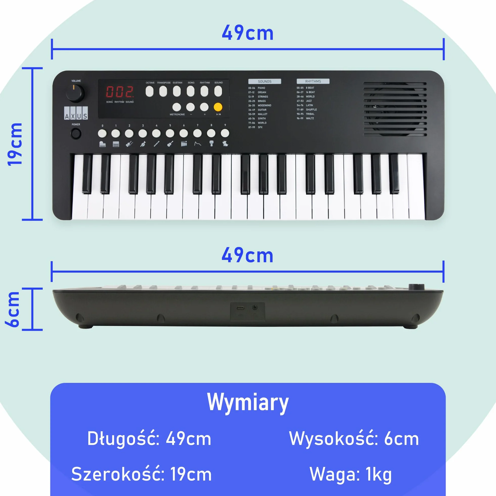 Axus Mini Przenośna Klawiatura 37, Pianino Elektryczne dla Początkujących, USB-C, Midnight Black
