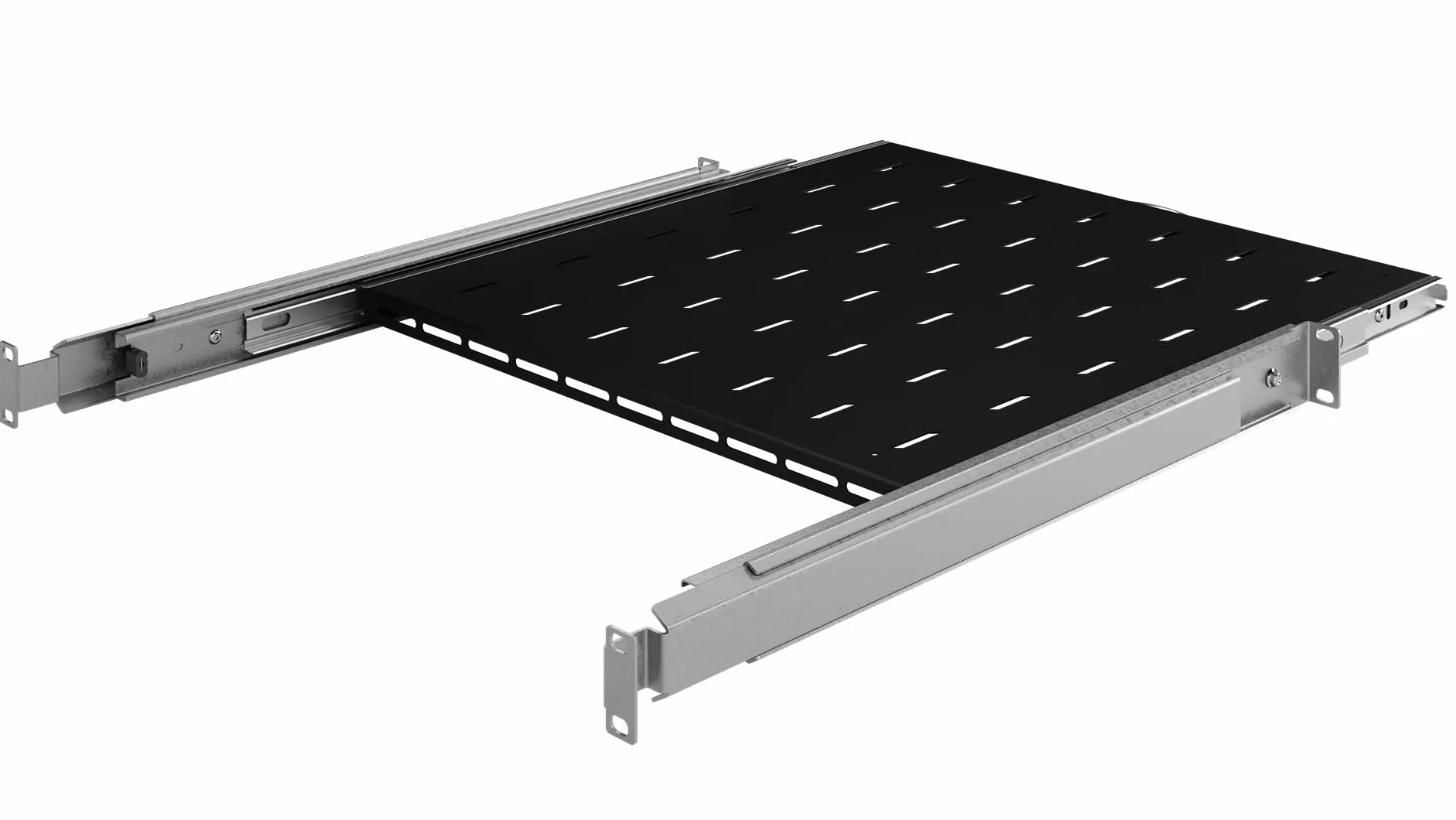 Półka Wysuwana Standard Rack 19 cali 1U 450mm, Metal, Czarny | Półka Wysuwana 19 Cali Płaska Perforowana, Wysuwana 200mm do Montażu w Szafach Serwerowych Sieciowych w Systemie Rack