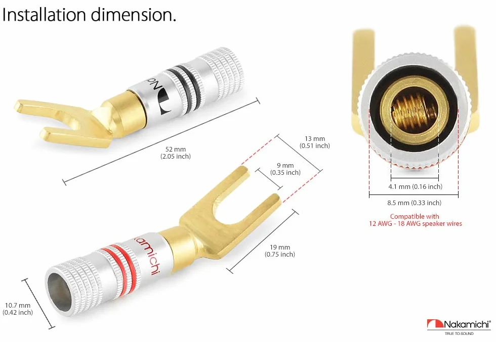 Nakamichi Excel Series 24K pozłacany wtyk bananowy 12-18 AWG Rozmiar miernika 4mm do głośników Wzmacniacz HiFi Odbiornik AV Stereo Kino domowe Złącze Audio (2 Szt., Wtyki bananowe Spades Y)