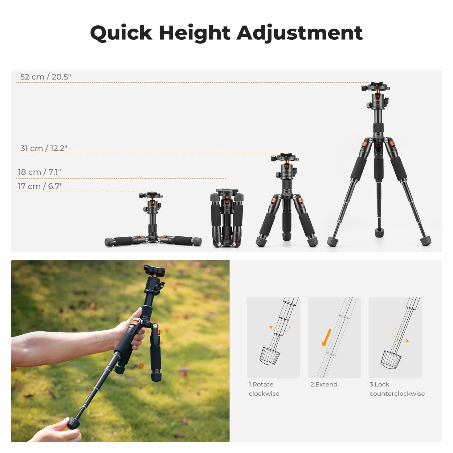 K&F Concept Mini statyw biurkowy, kompaktowy statyw biurkowy 52 cm z głowicą kulową 360°, płytka szybkiego zwalniania 1/4'' do kamery wideo, obciążenie do 6 kg