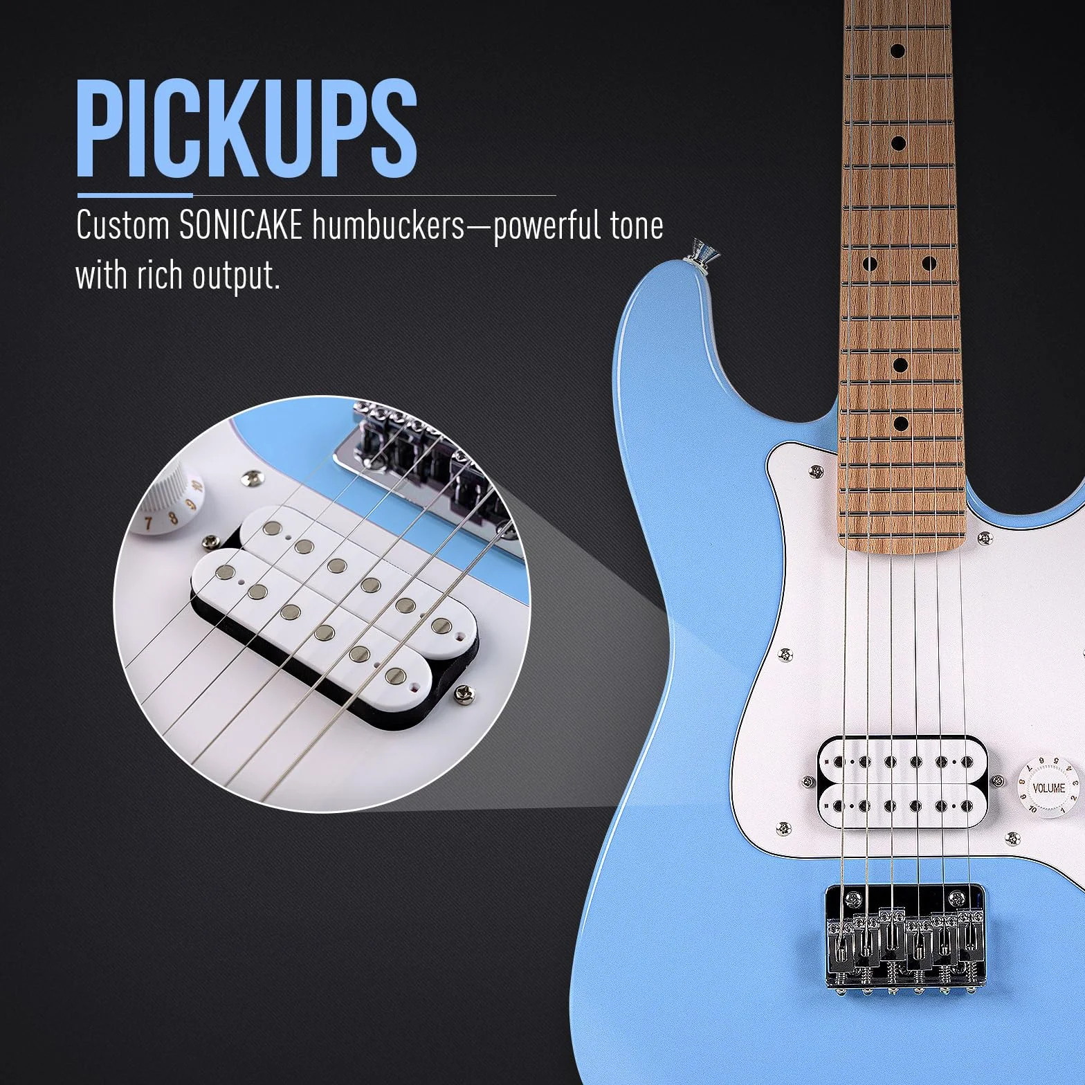 SONICAKE Gitara elektryczna dla Początkujący 30", korpus z litego drewna z przetwornikiem Humbucker, jednoczęściowa drewniana rękojeść i klawiatura, QGT-50 Niebieski