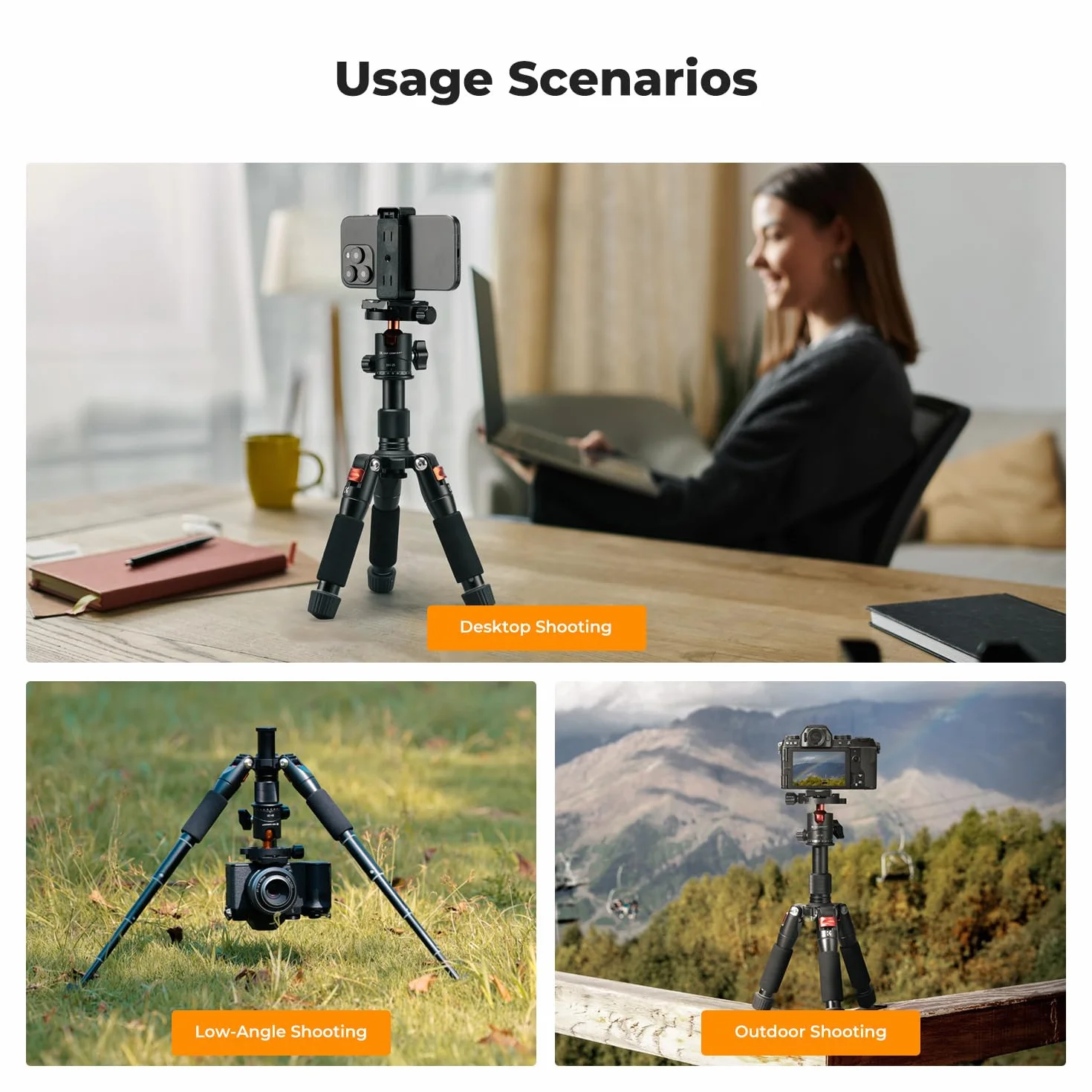 K&F Concept Mini statyw biurkowy, kompaktowy statyw biurkowy 52 cm z głowicą kulową 360°, płytka szybkiego zwalniania 1/4'' do kamery wideo, obciążenie do 6 kg