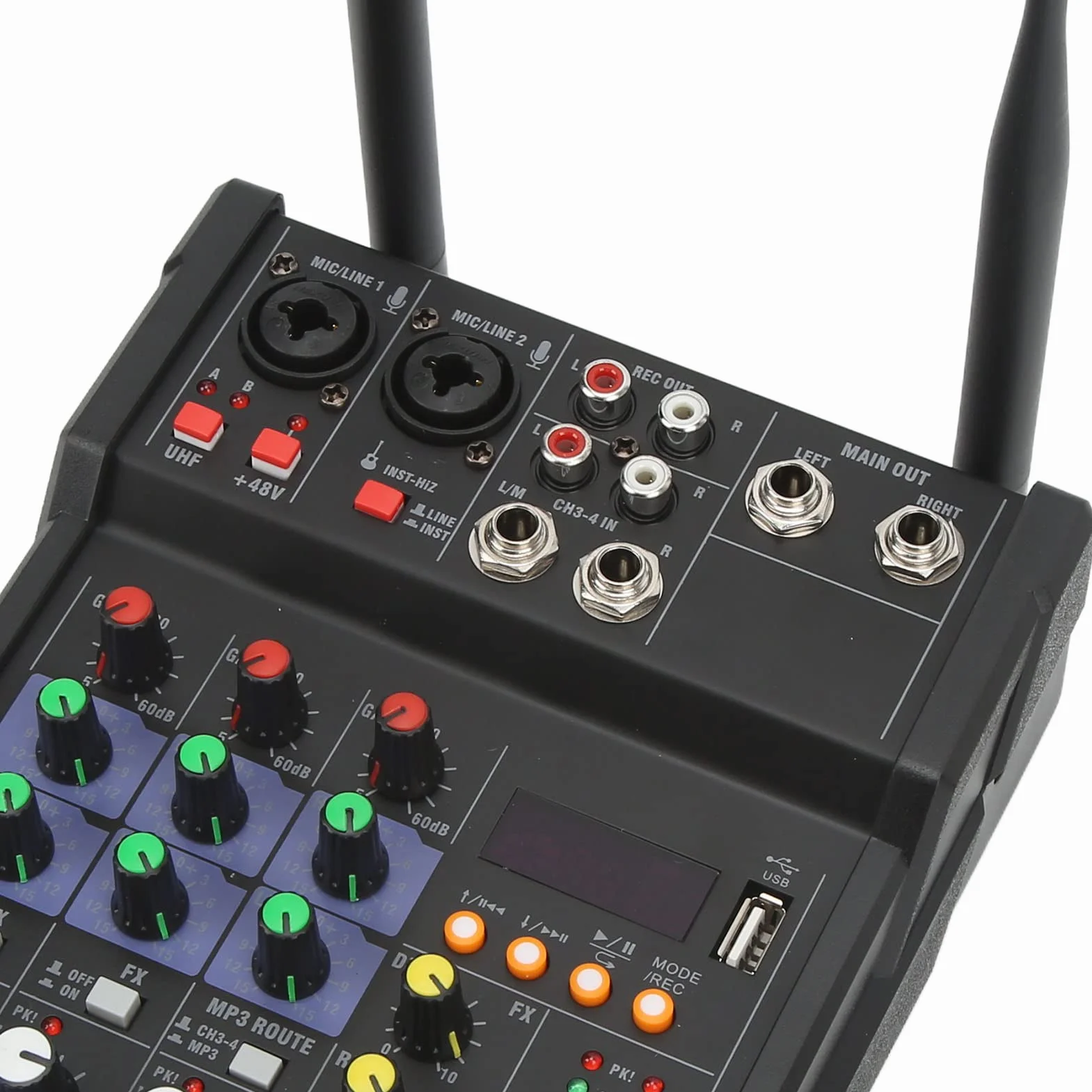 4-kanałowy Mały Mikser Bluetooth Audio z 2 Mikrofonami Bezprzewodowymi - Procesor Stereo do Transmisji na żywo