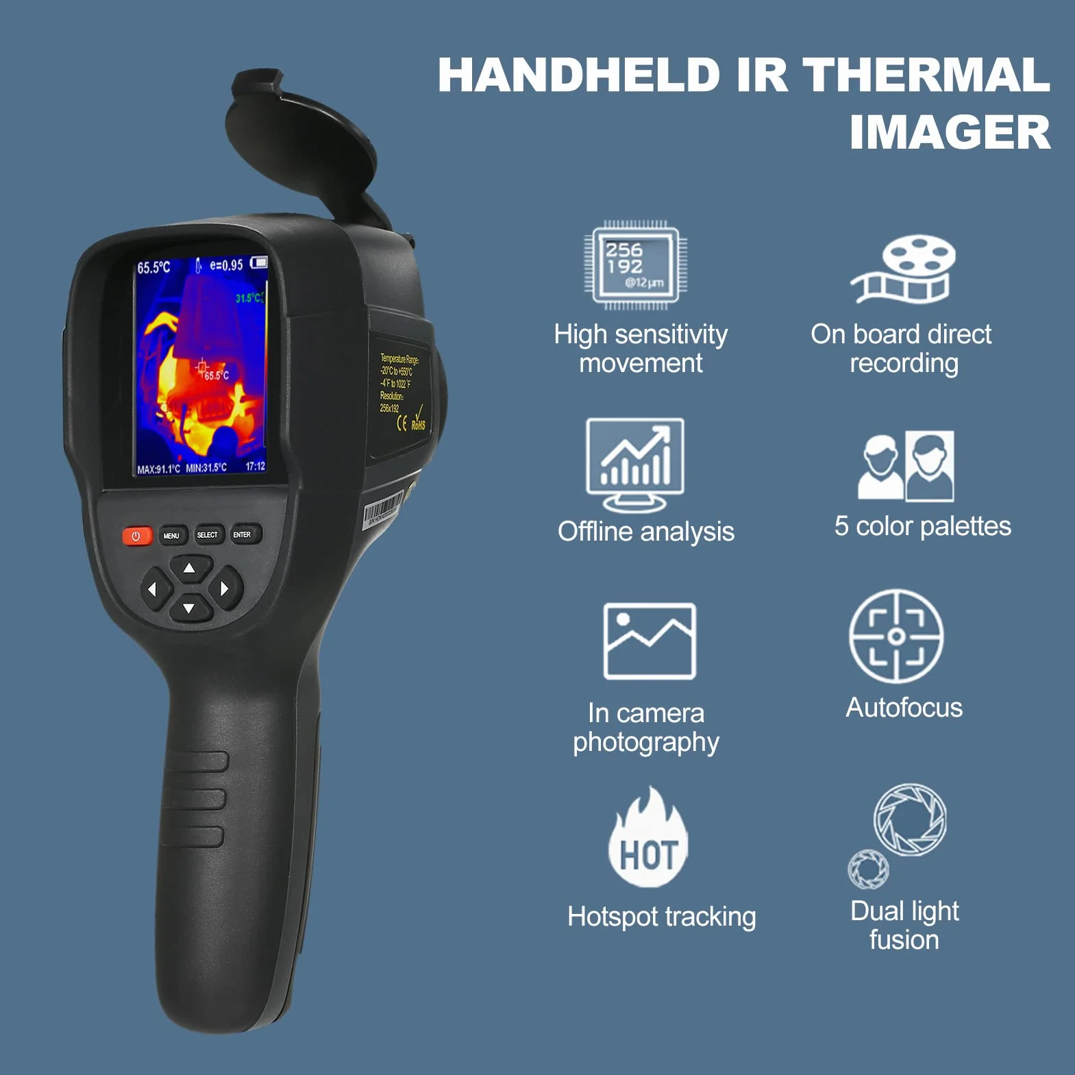HT-H18+ kamera termowizyjna na podczerwień 2000 mAh Reable Handheld IR Thermal Imager -20 ~ 550℃/-4~550℃ Temperatura 256 x 192 Rozdzielczość z 3,2-calowym ekranem LCD, 5 palet kolorów
