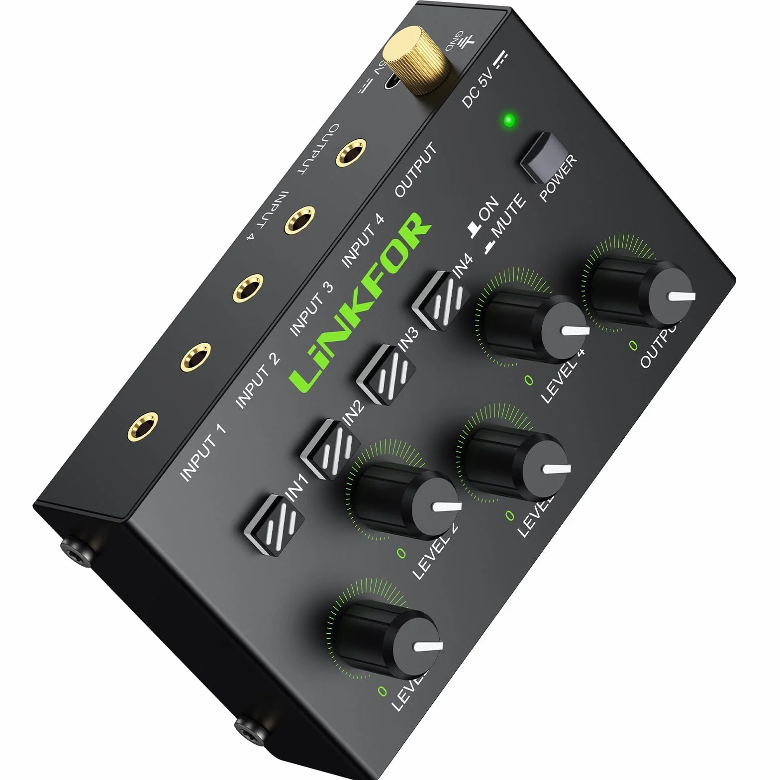 LiNKFOR 4-kanałowy mikser aktywny, 3,5 mm, mikser audio 4 w 1-out, mikser stereo z certyfikatem Master Volume zasilacz sieciowy, cicha, niezależna regulacja głośności do wzmacniaczy PC